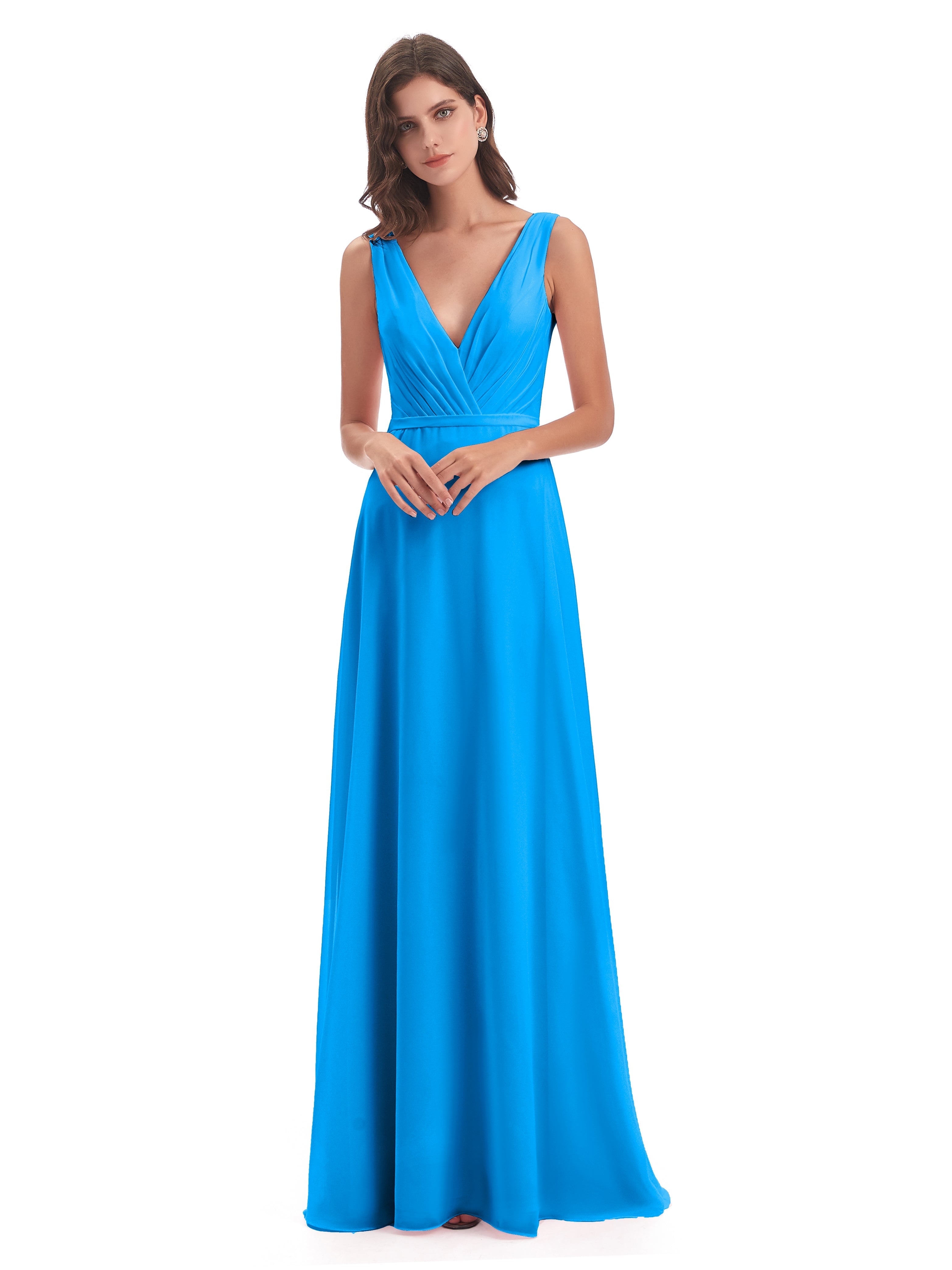 Robes De Demoiselle D'Honneur Bleu Océan Col V Mousseline Longue Robes Demoiselle D'Honneur