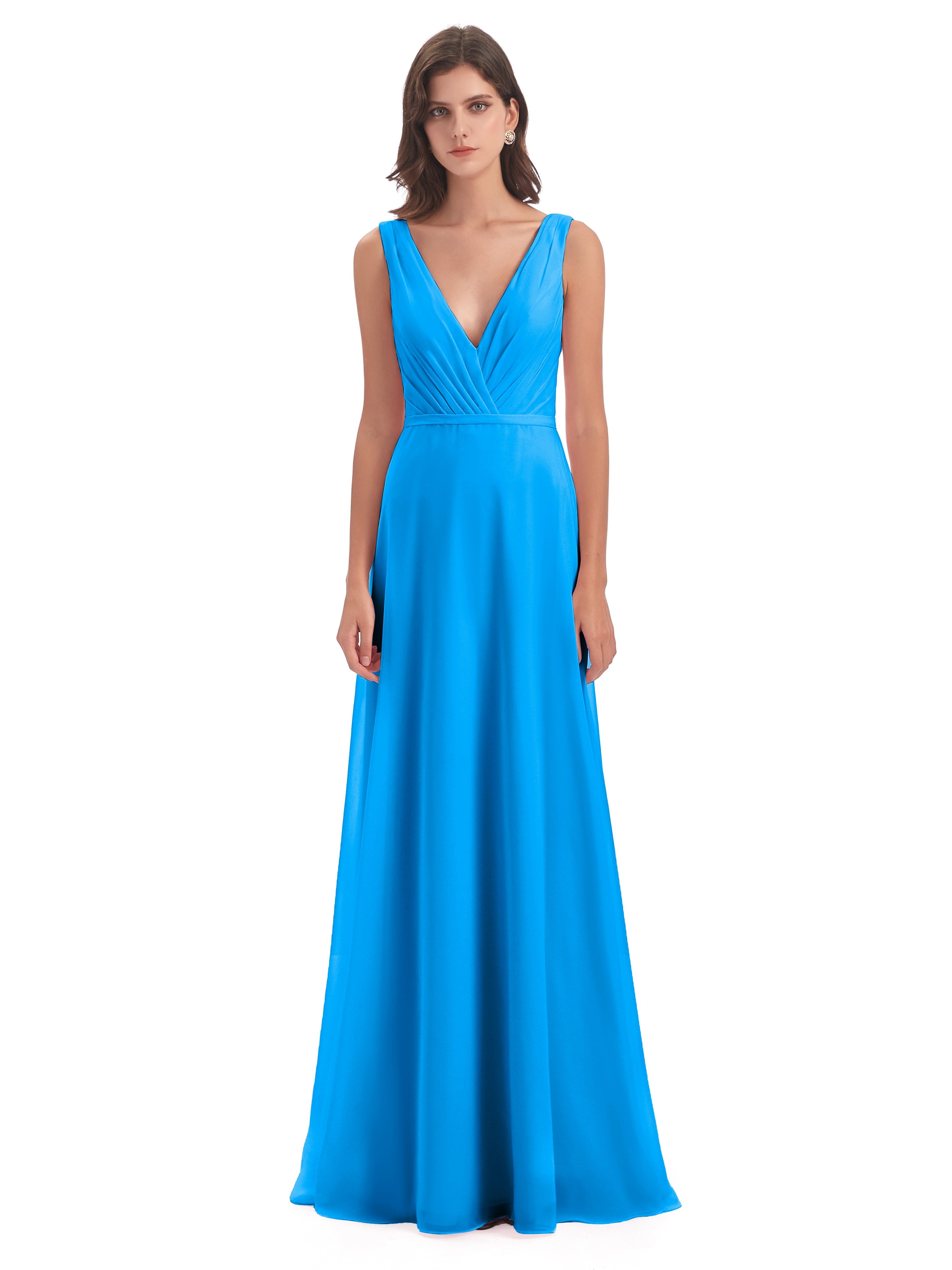 Robes De Demoiselle D'Honneur Bleu Océan Col V Mousseline Longue Robes Demoiselle D'Honneur