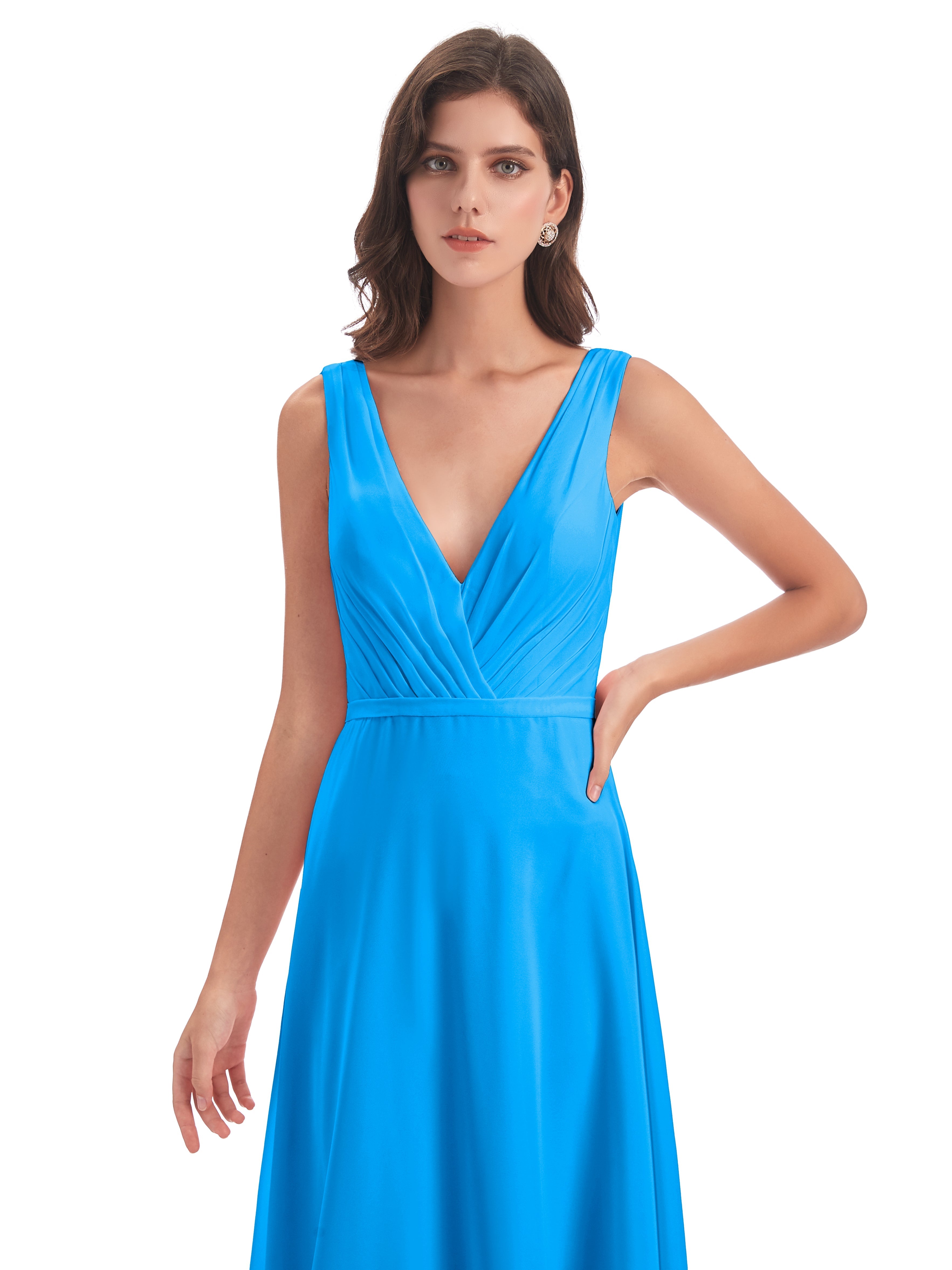 Robes De Demoiselle D'Honneur Bleu Océan Col V Mousseline Longue Robes Demoiselle D'Honneur