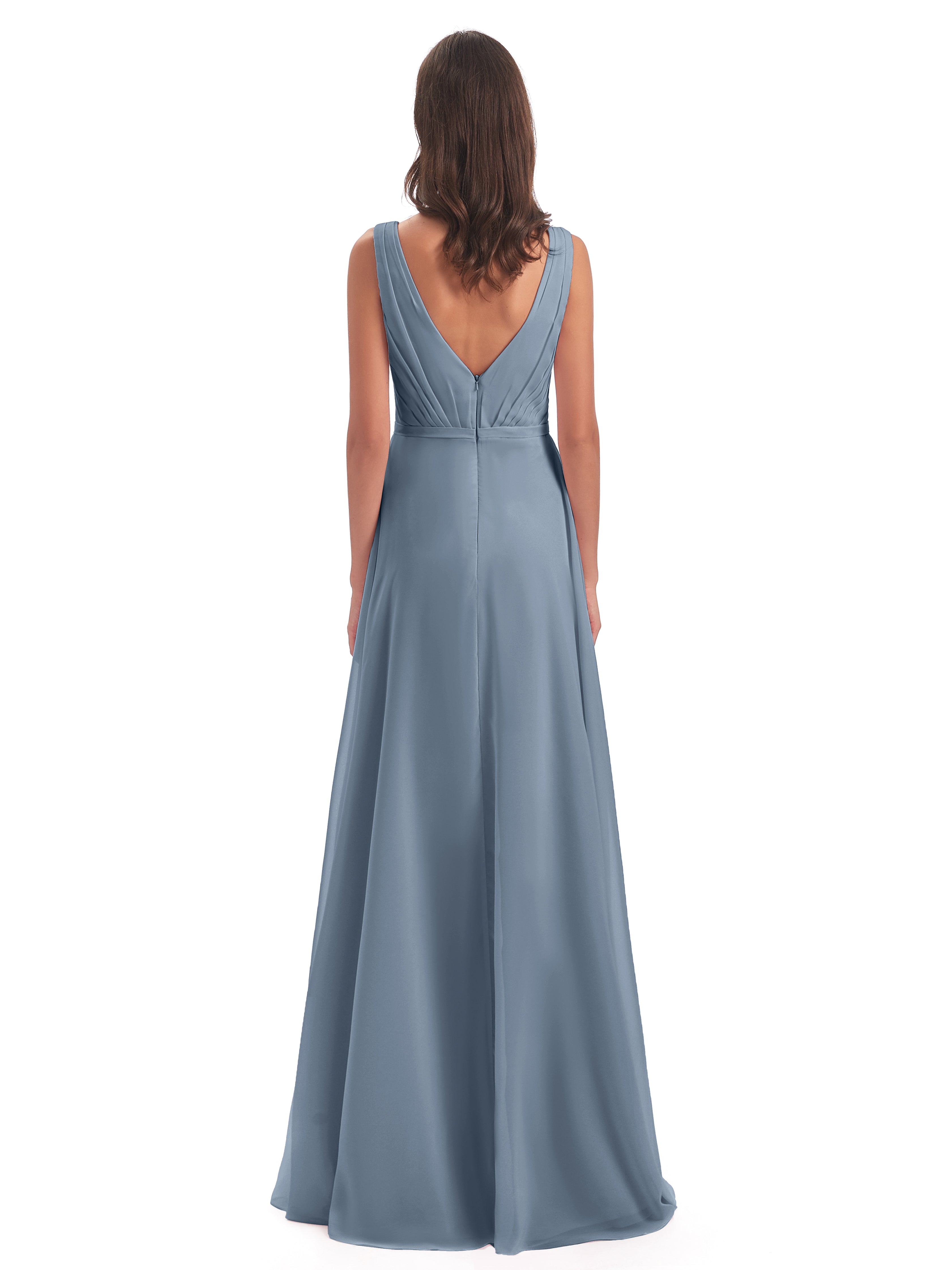 Robes De Demoiselle D'Honneur Bleu Gris Col V Mousseline Longue Robes Demoiselle D'Honneur