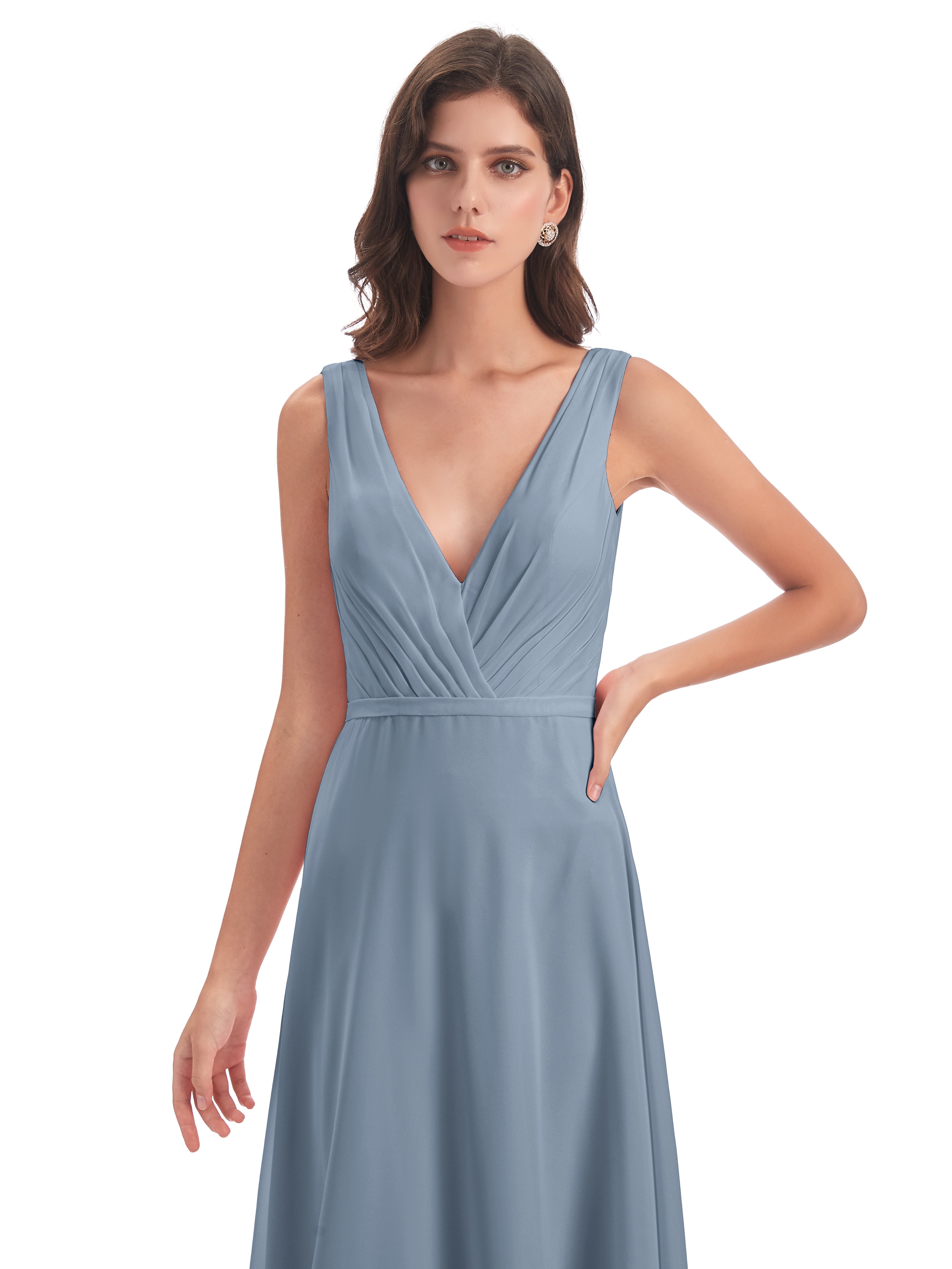 Robes De Demoiselle D'Honneur Bleu Gris Col V Mousseline Longue Robes Demoiselle D'Honneur