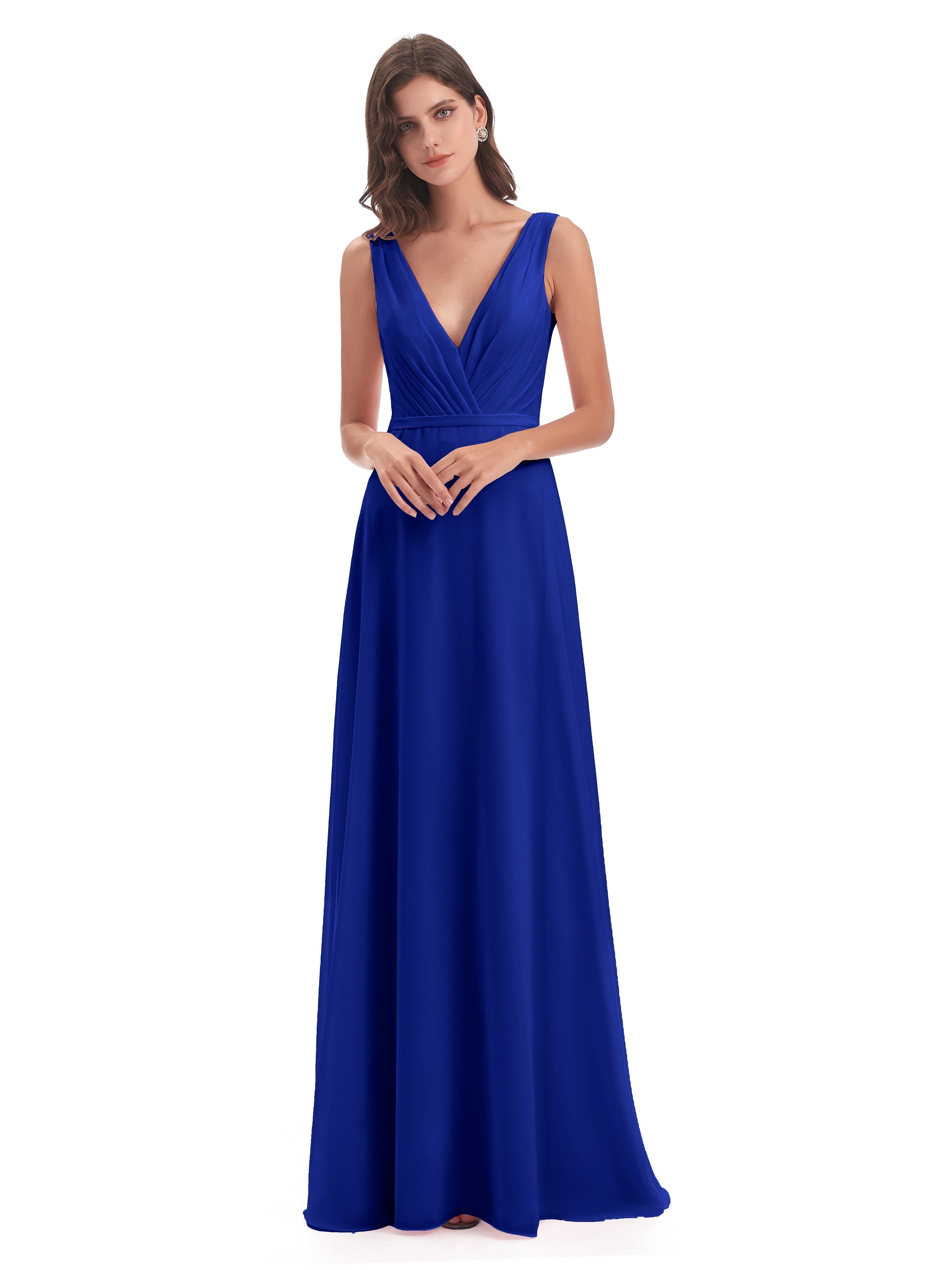 Mariage Robe Demoiselle D Honneur Bleu Roi Col V Mousseline Longue Robes Demoiselle D'Honneur