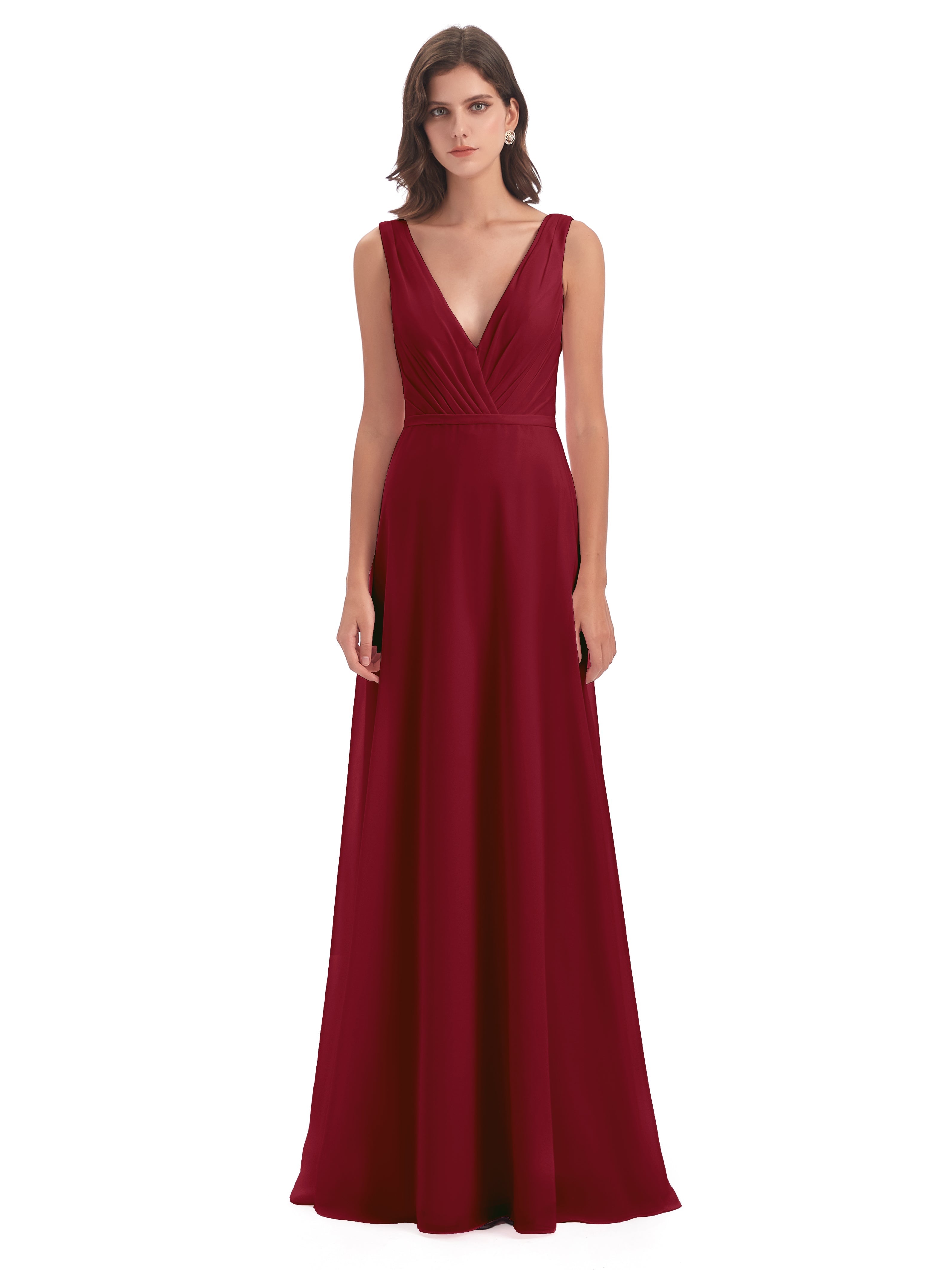 Robe Demoiselle Dhonneur Bordeaux Col V Mousseline Longue Robes Demoiselle D'Honneur