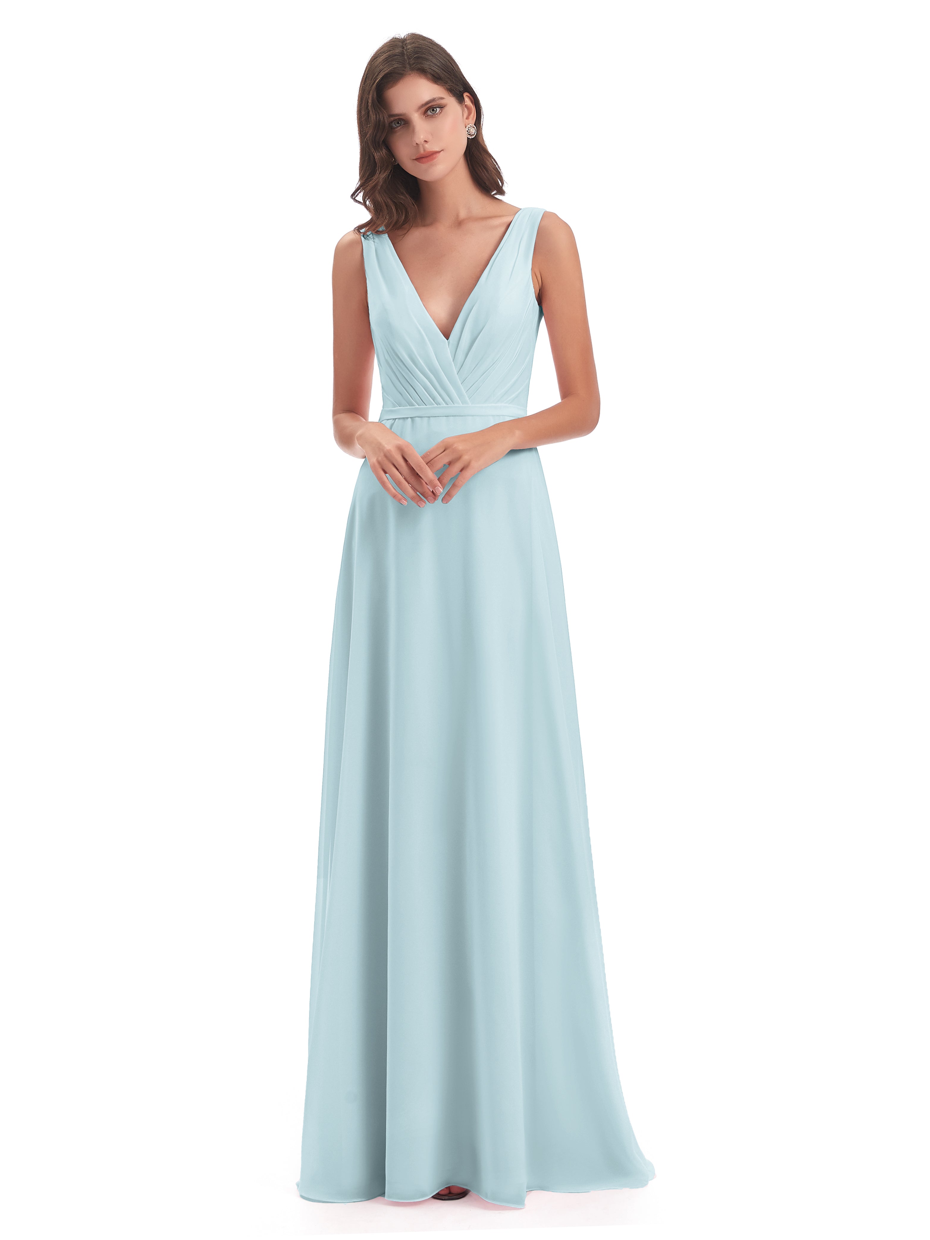 Robe De Demoiselle D'Honneur Brume Col V Mousseline Longue Robes Demoiselle D'Honneur