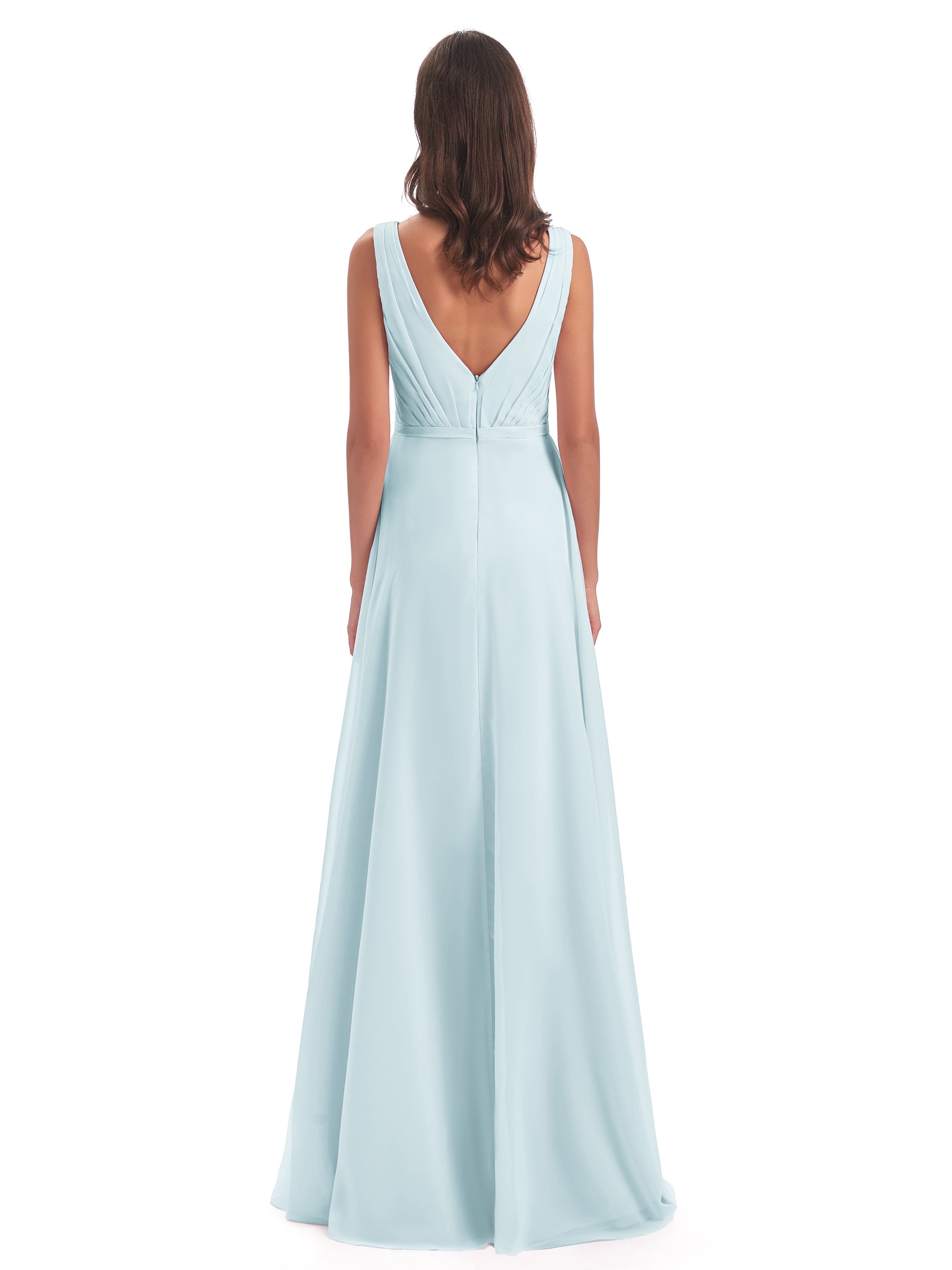 Robe De Demoiselle D'Honneur Brume Col V Mousseline Longue Robes Demoiselle D'Honneur