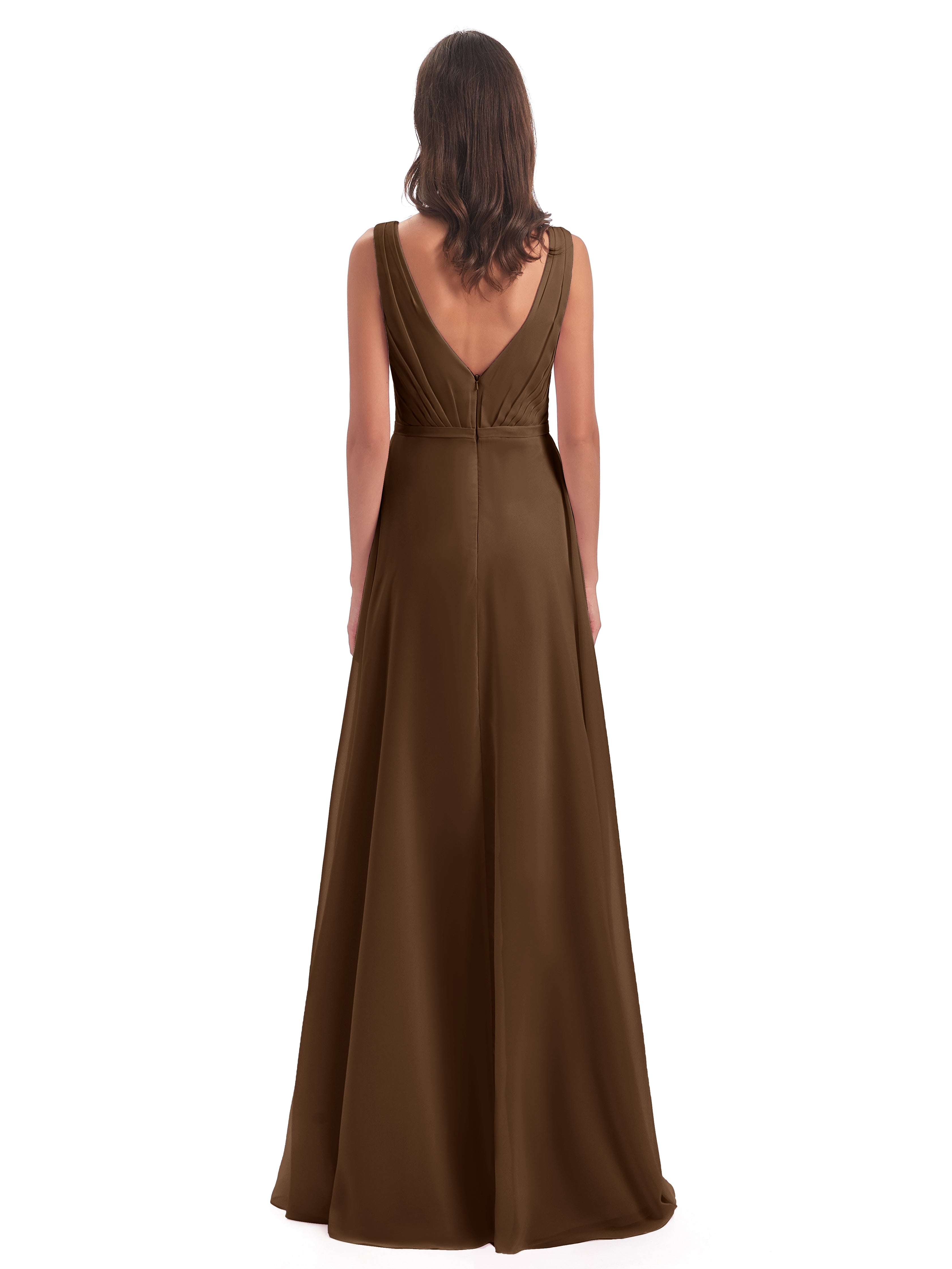 Robes De Demoiselle D'Honneur Brun Col V Mousseline Longue Robes Demoiselle D'Honneur