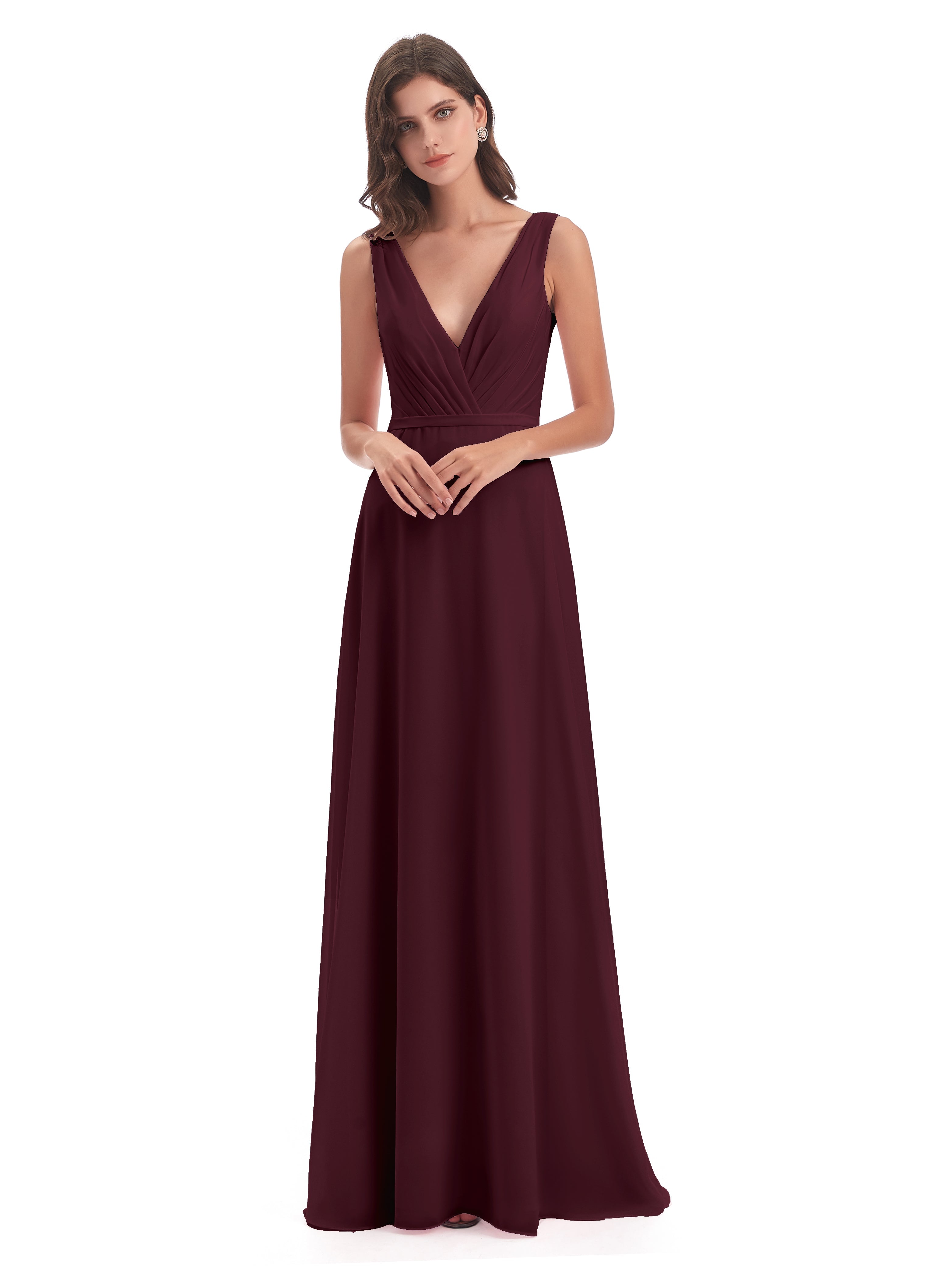 Robes De Demoiselle D'Honneur Cabernet Col V Mousseline Longue Robes Demoiselle D'Honneur