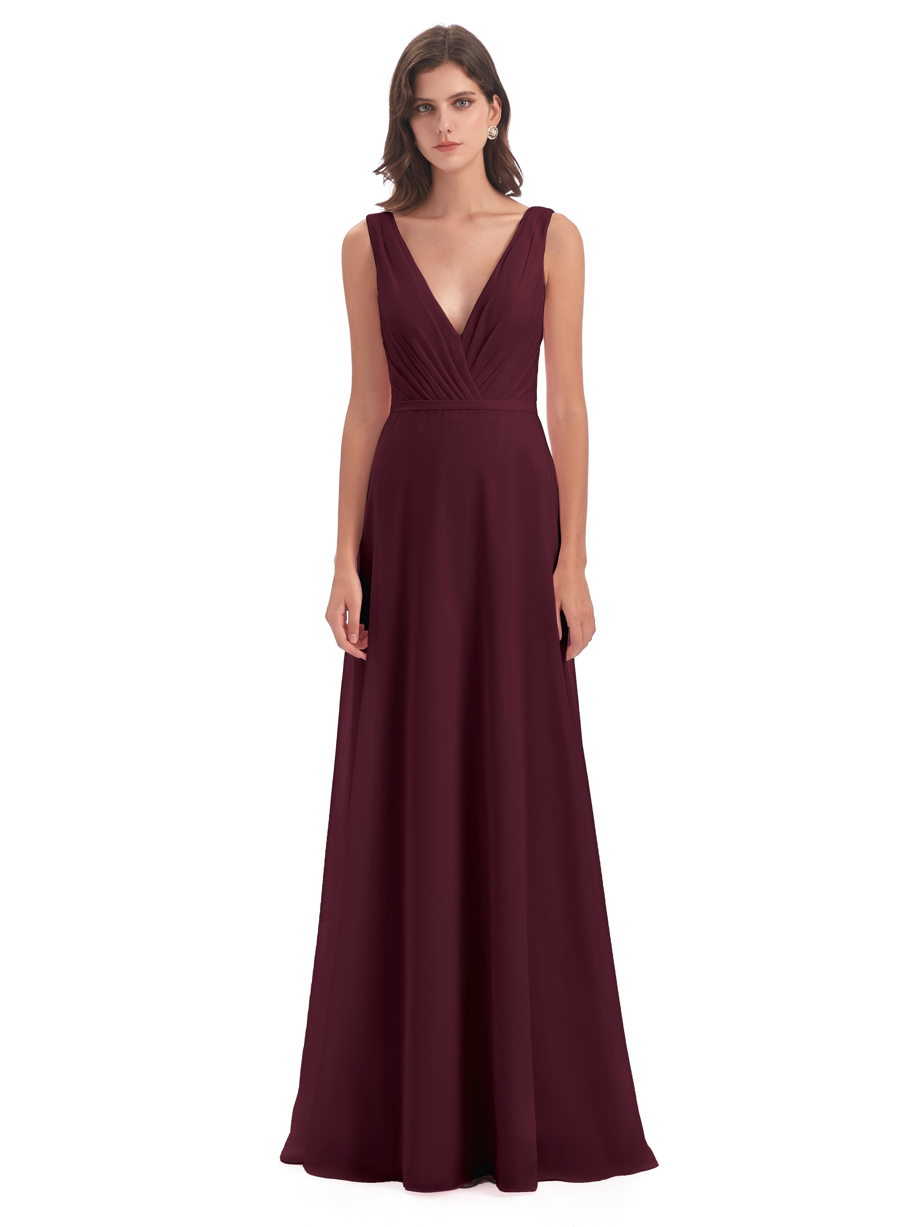 Robes De Demoiselle D'Honneur Cabernet Col V Mousseline Longue Robes Demoiselle D'Honneur