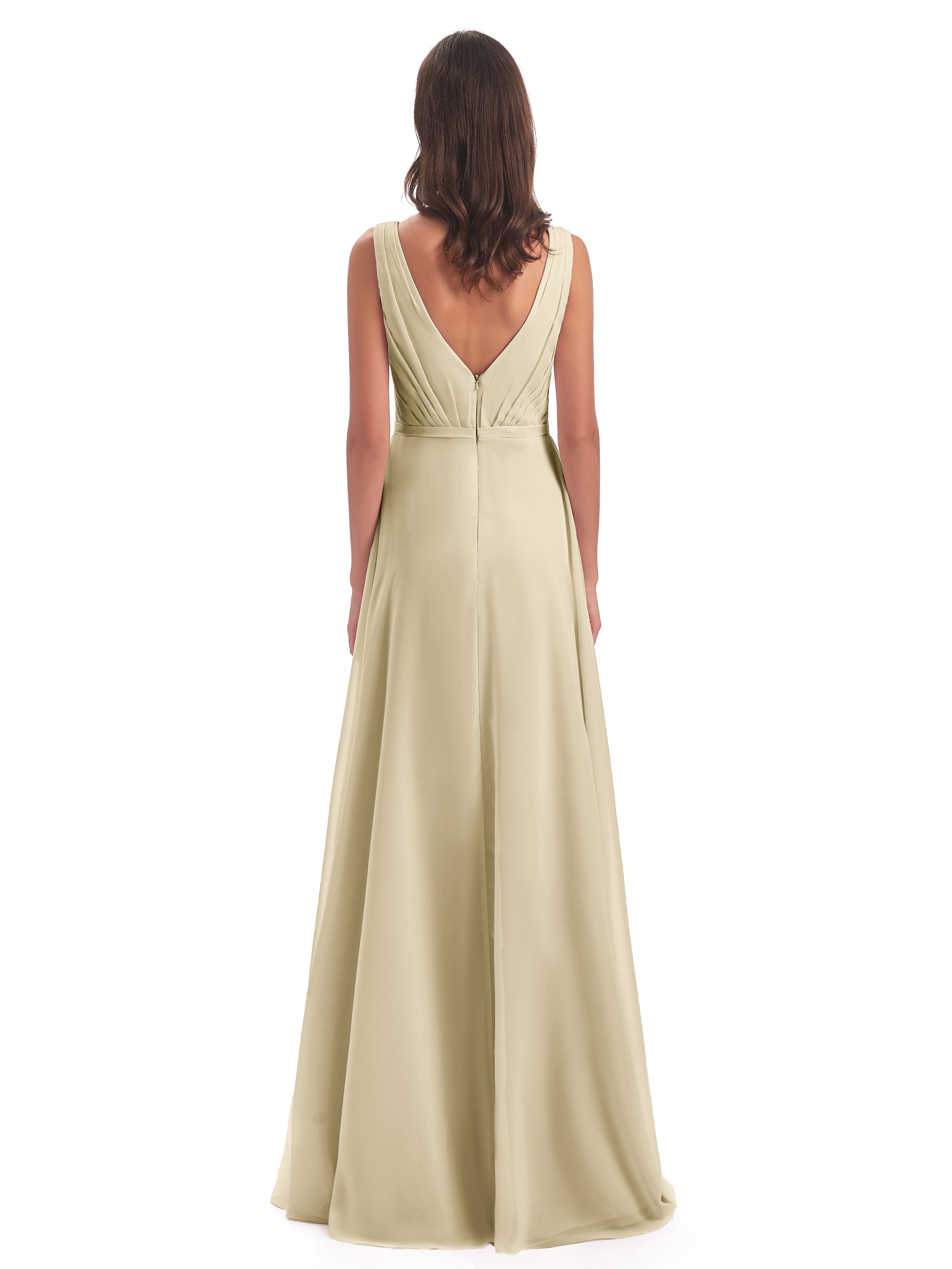 Robe De Demoiselle D Honneur Couleur Champagne Col V Mousseline Longue Robes Demoiselle D'Honneur