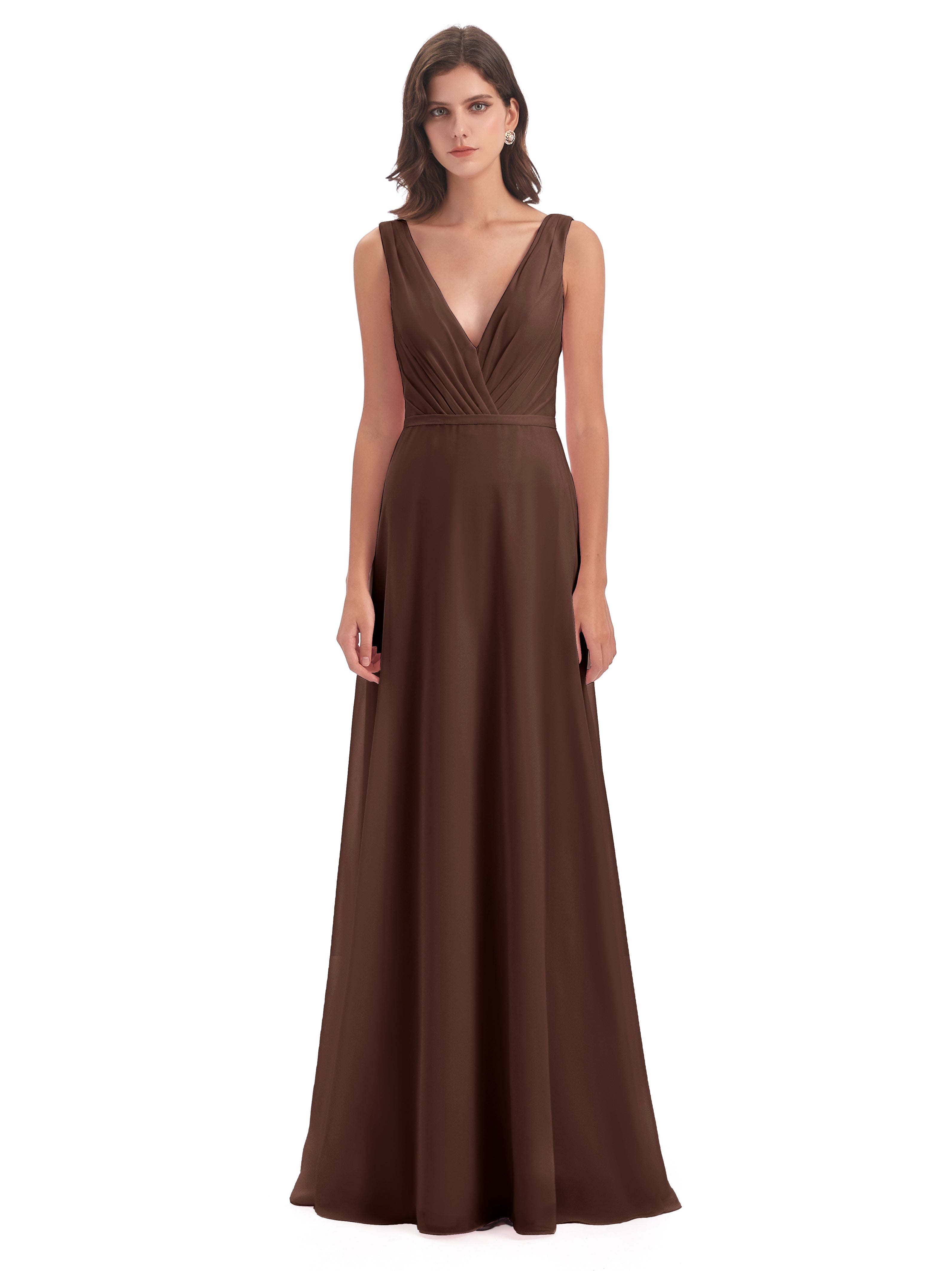 Robes De Demoiselle D'Honneur En Chocolat Col V Mousseline Longue Robes Demoiselle D'Honneur