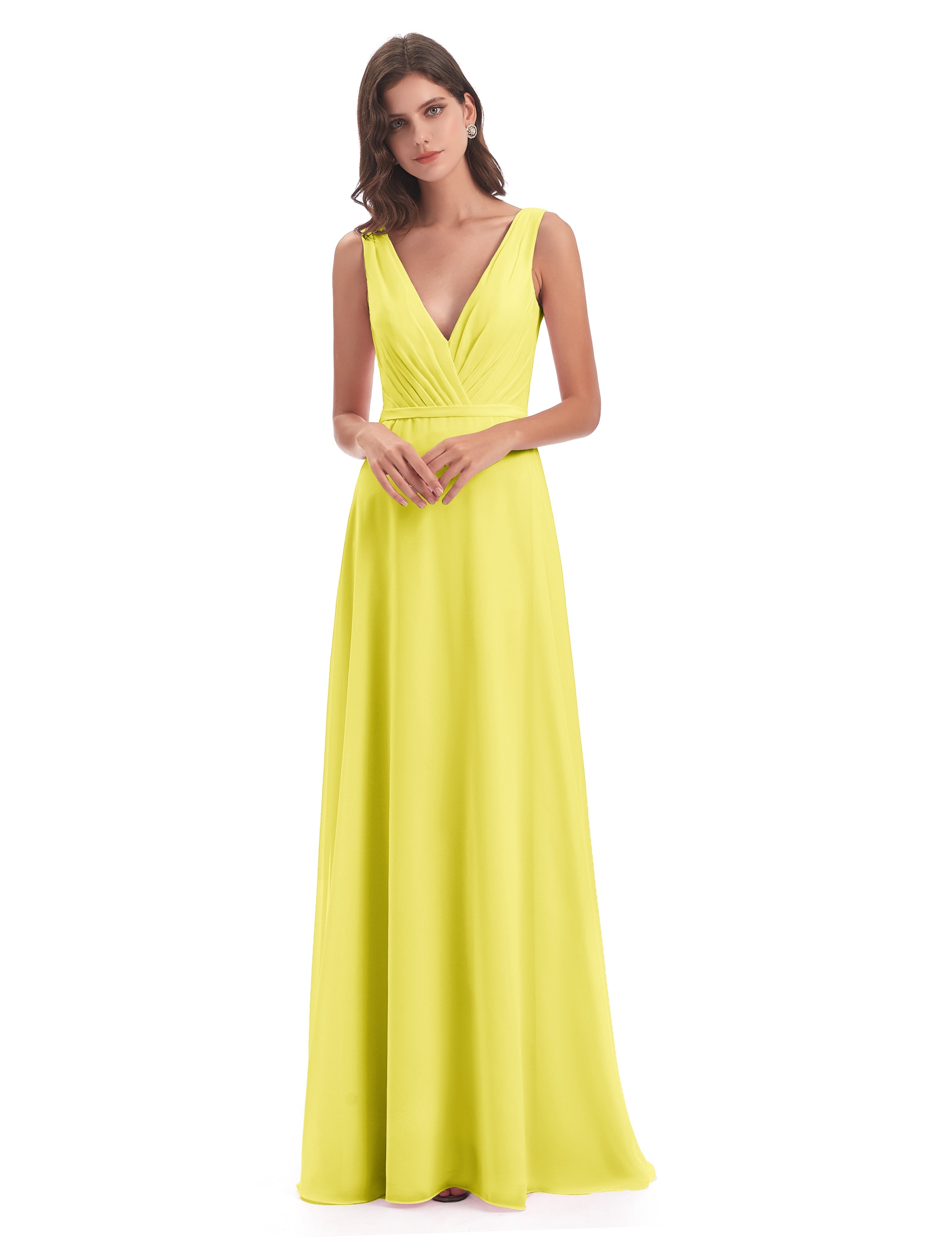 Robes De Demoiselle D'Honneur Citron Col V Mousseline Longue Robes Demoiselle D'Honneur