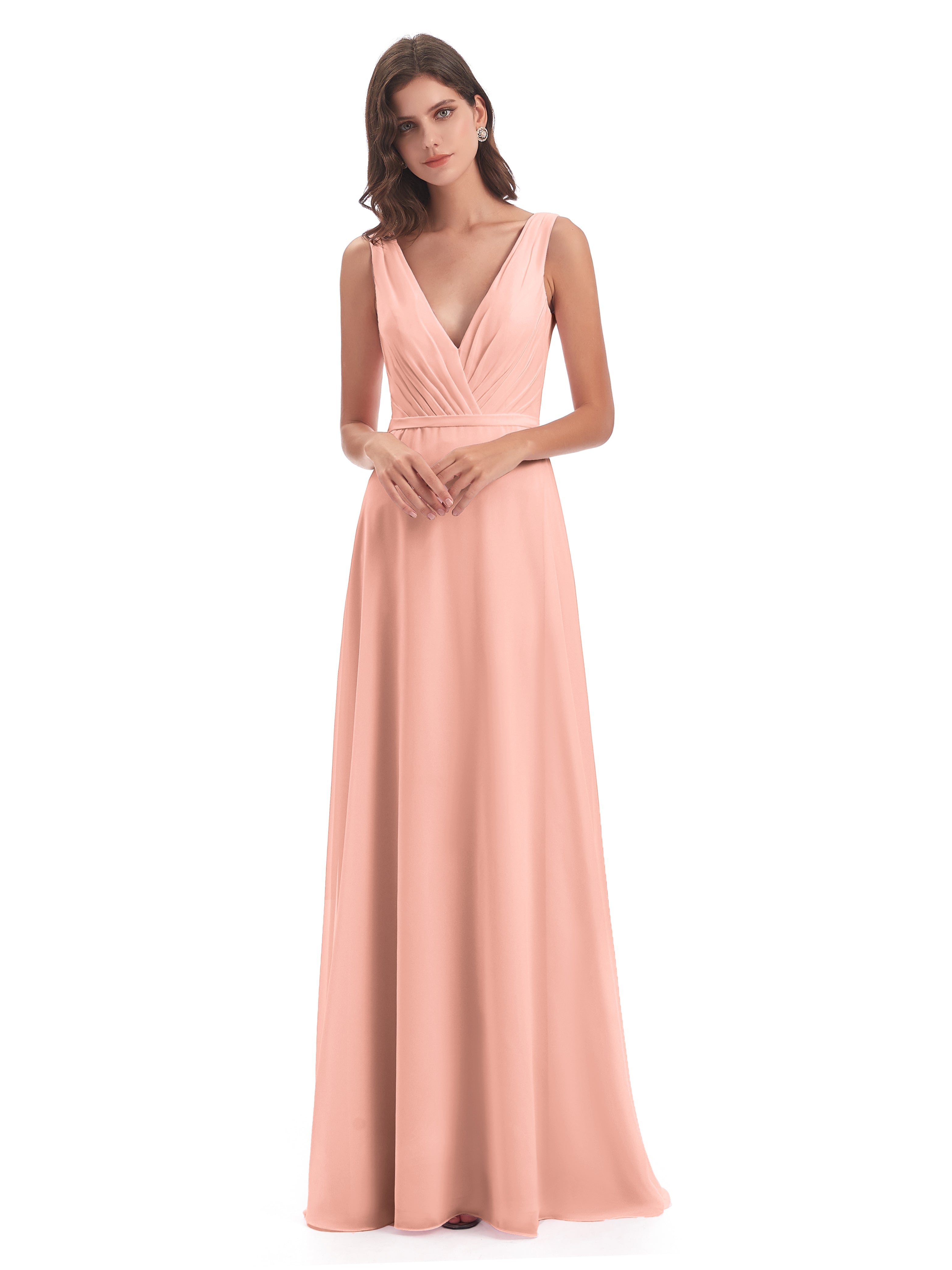 Robe De Demoiselle D Honneur Couleur Corail Col V Mousseline Longue Robes Demoiselle D'Honneur