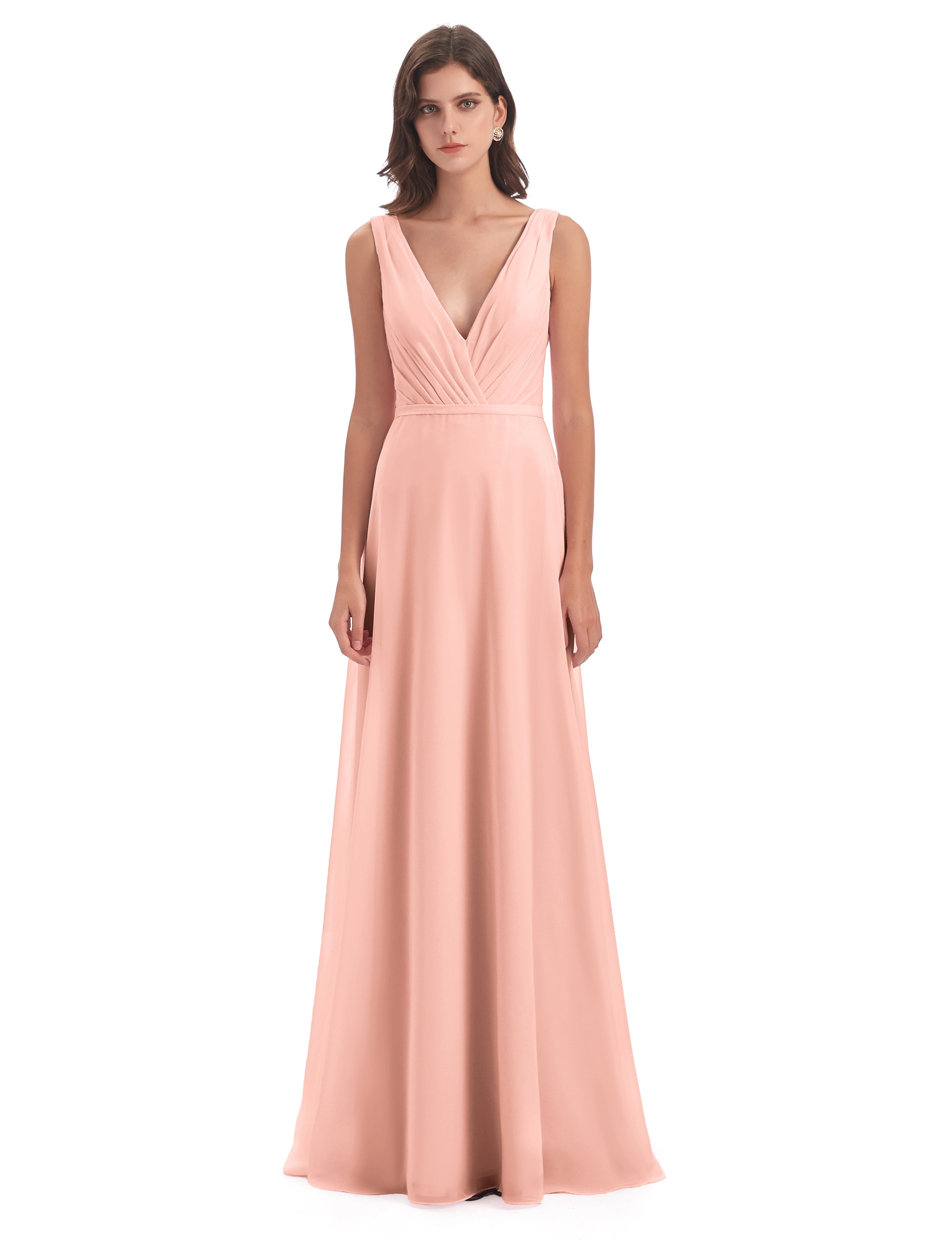 Robe De Demoiselle D Honneur Couleur Corail Col V Mousseline Longue Robes Demoiselle D'Honneur