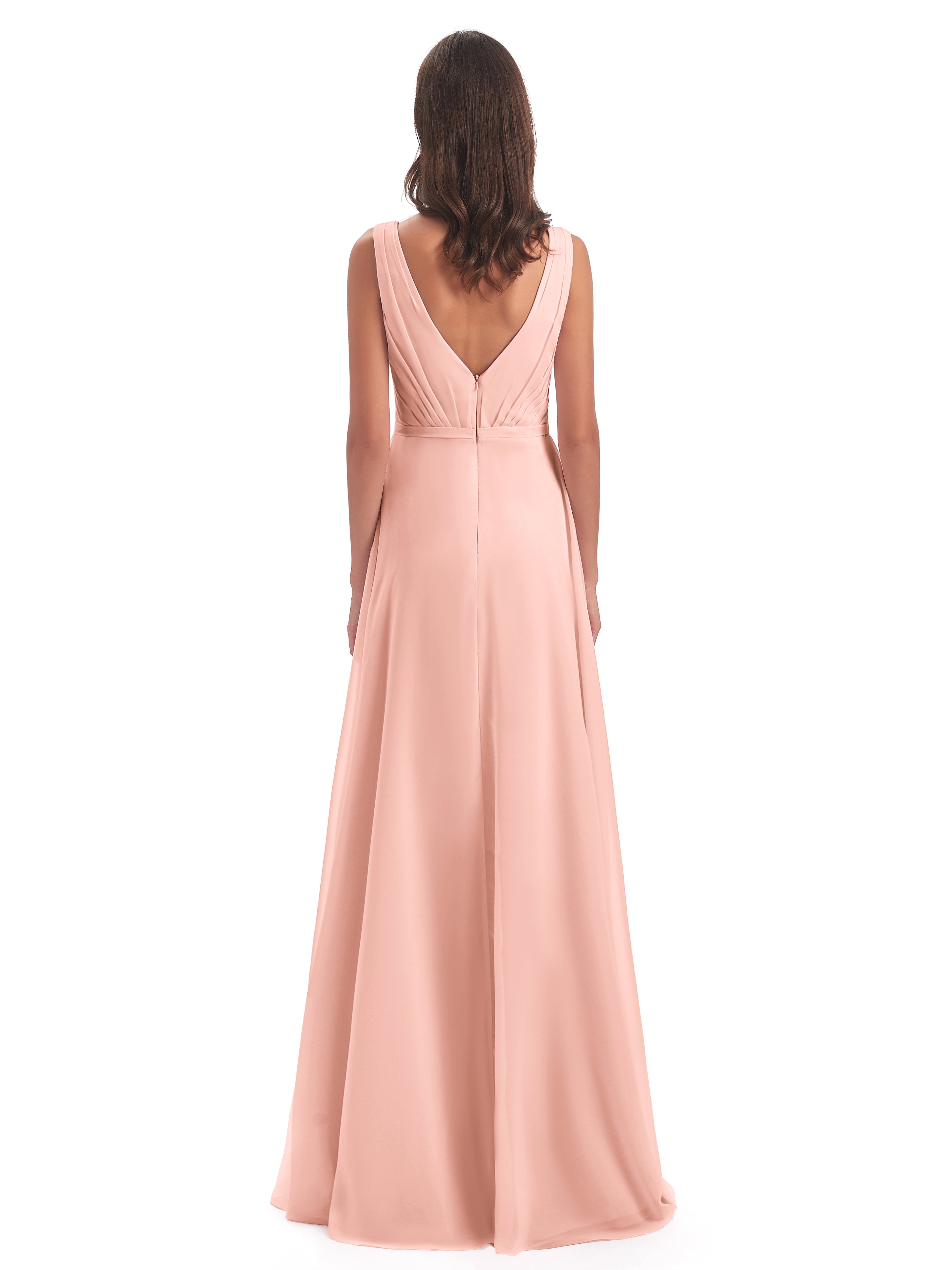 Robe De Demoiselle D Honneur Couleur Corail Col V Mousseline Longue Robes Demoiselle D'Honneur