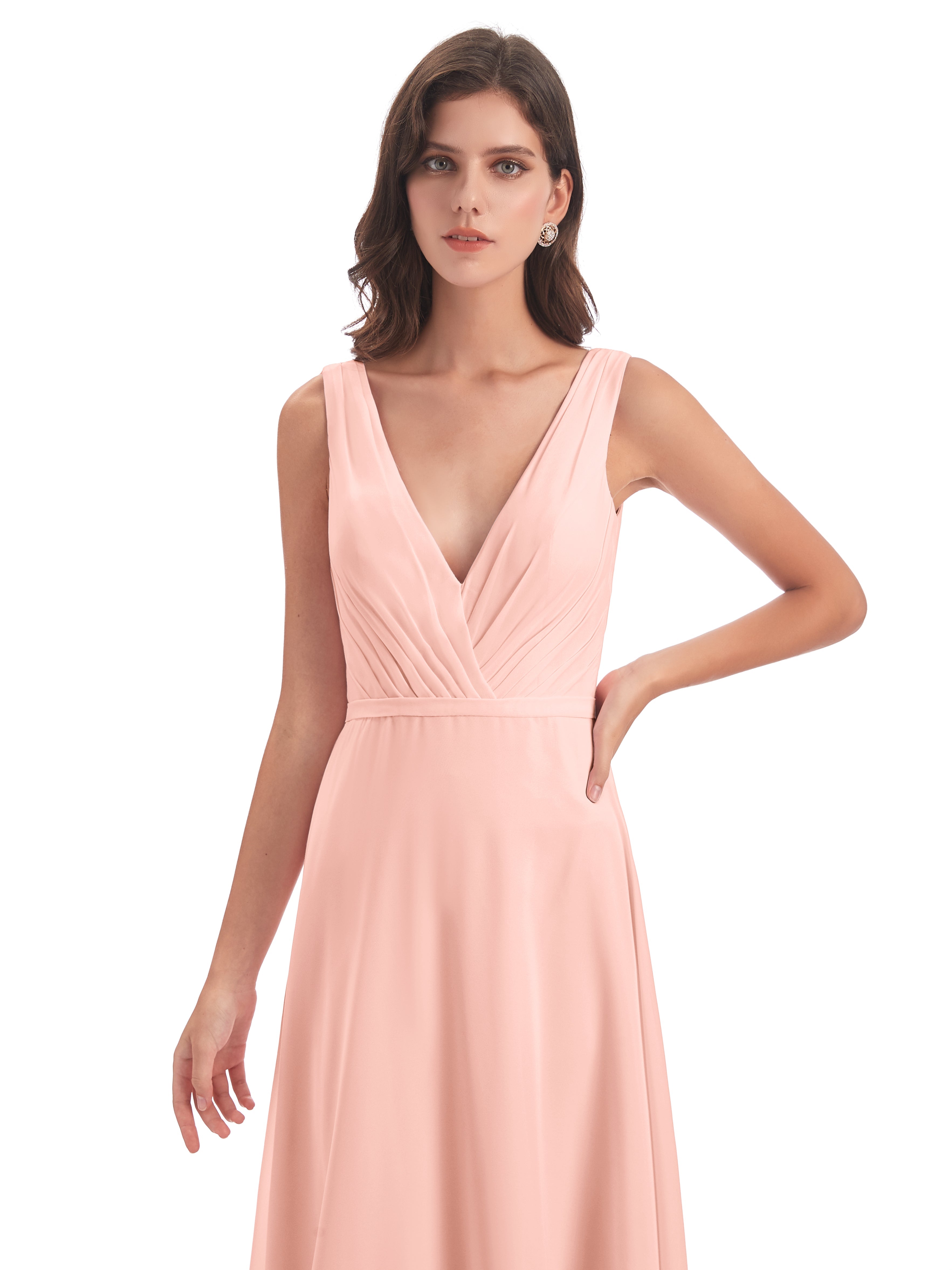 Robe De Demoiselle D Honneur Couleur Corail Col V Mousseline Longue Robes Demoiselle D'Honneur