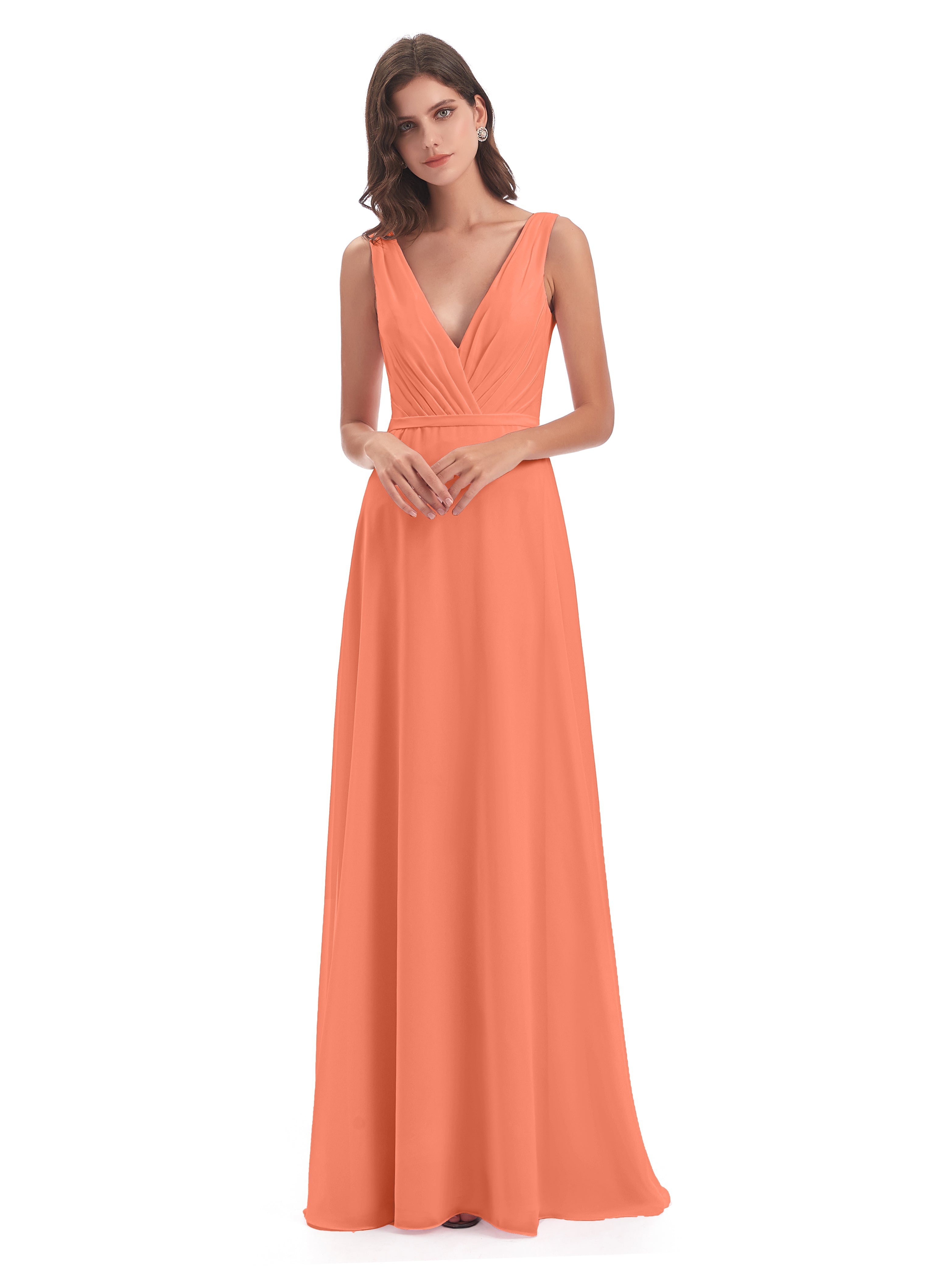 Robes De Demoiselle D'Honneur Coucher De Soleil Col V Mousseline Longue Robes Demoiselle D'Honneur