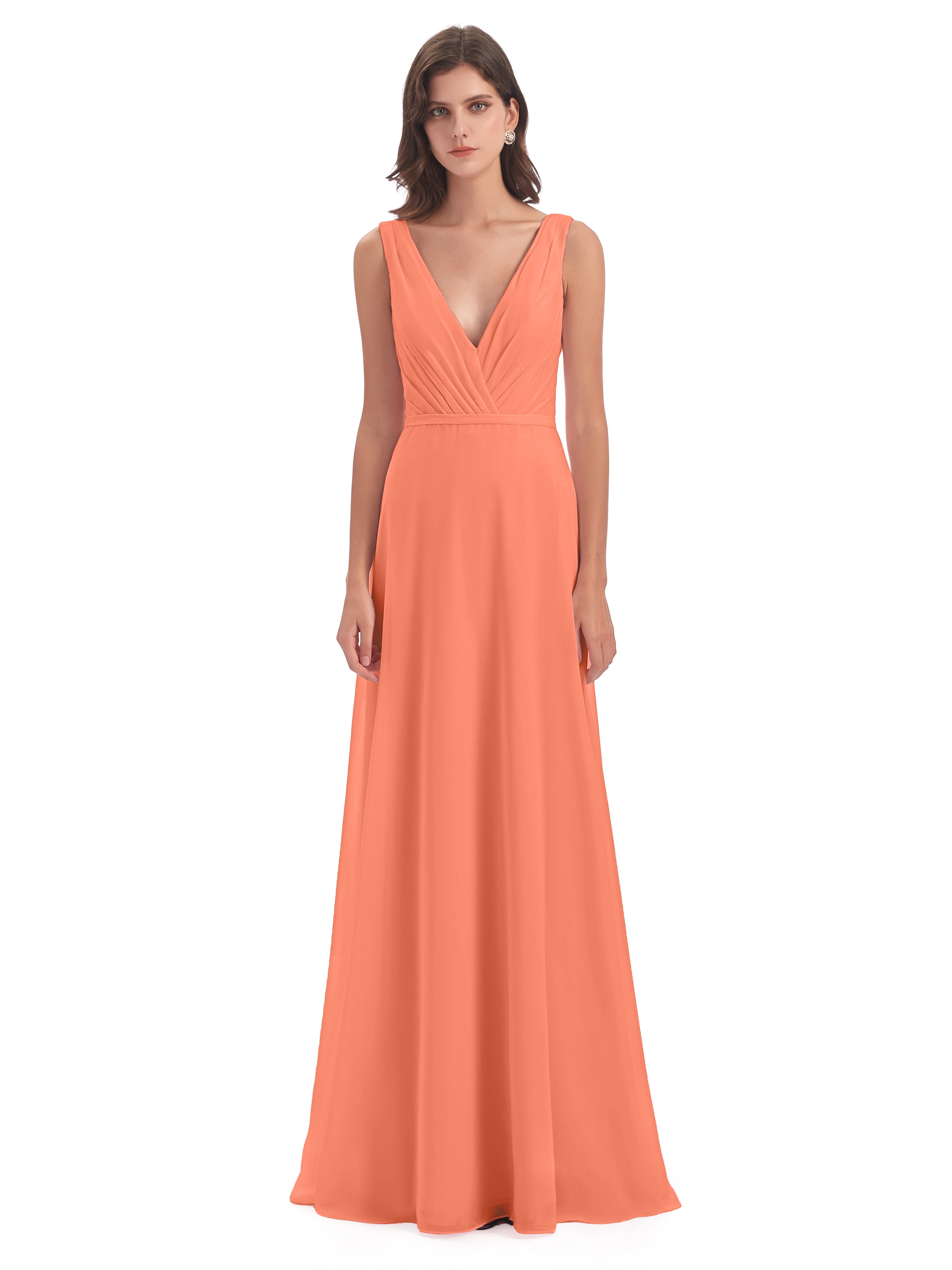 Robes De Demoiselle D'Honneur Coucher De Soleil Col V Mousseline Longue Robes Demoiselle D'Honneur