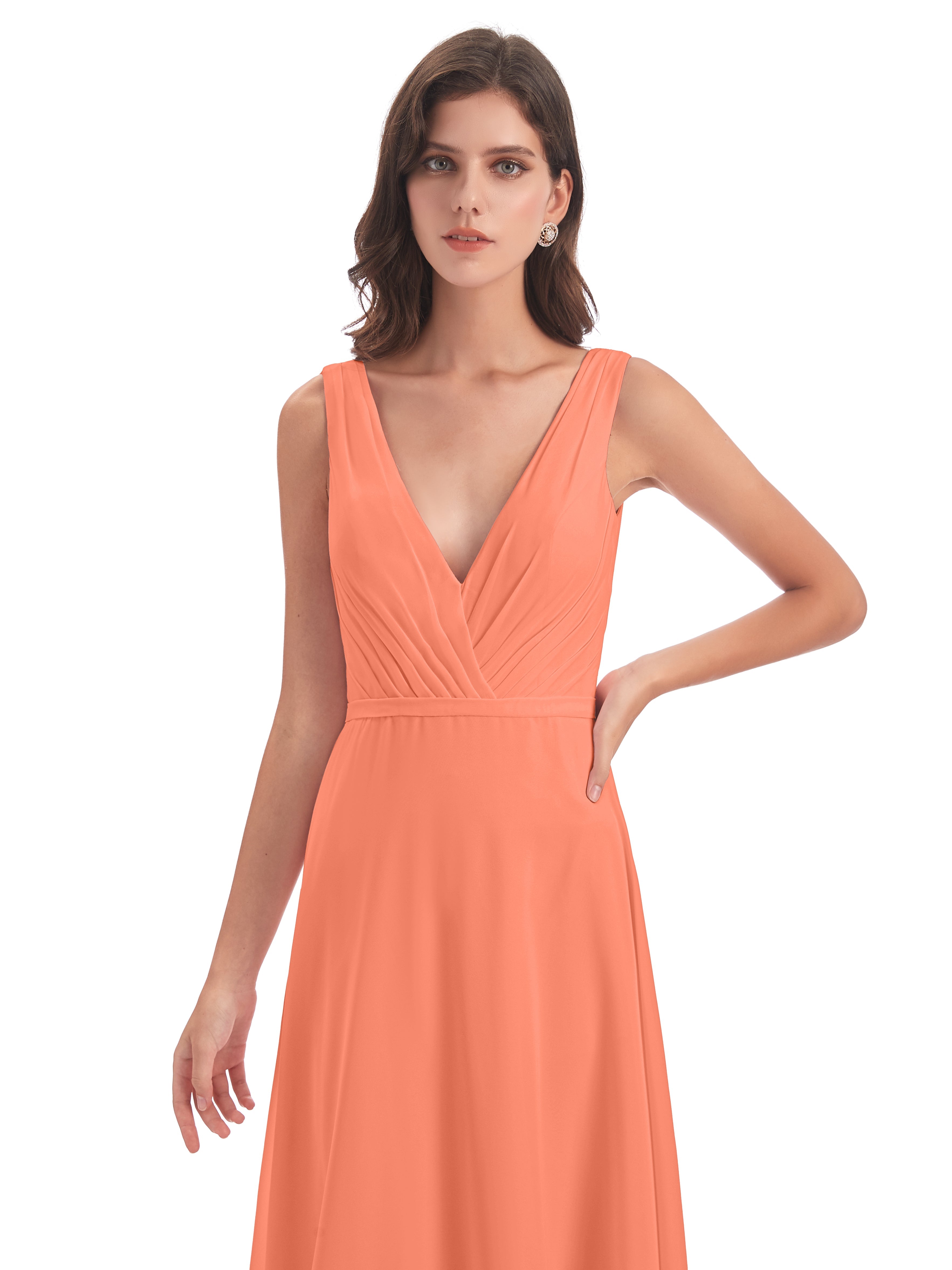 Robes De Demoiselle D'Honneur Coucher De Soleil Col V Mousseline Longue Robes Demoiselle D'Honneur