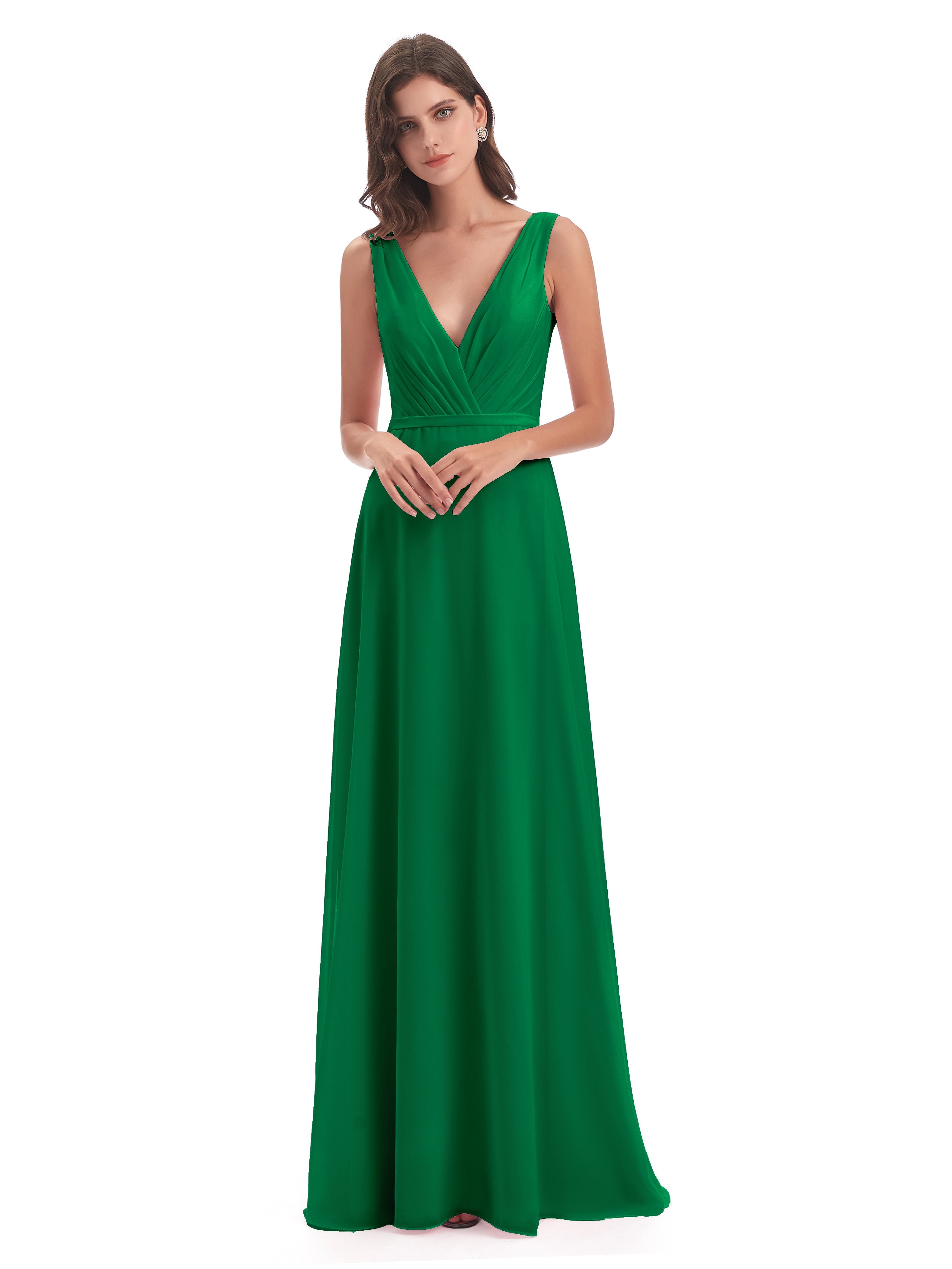 Robe Demoiselle D Honneur Vert Émeraude Col V Mousseline Longue Robes Demoiselle D'Honneur