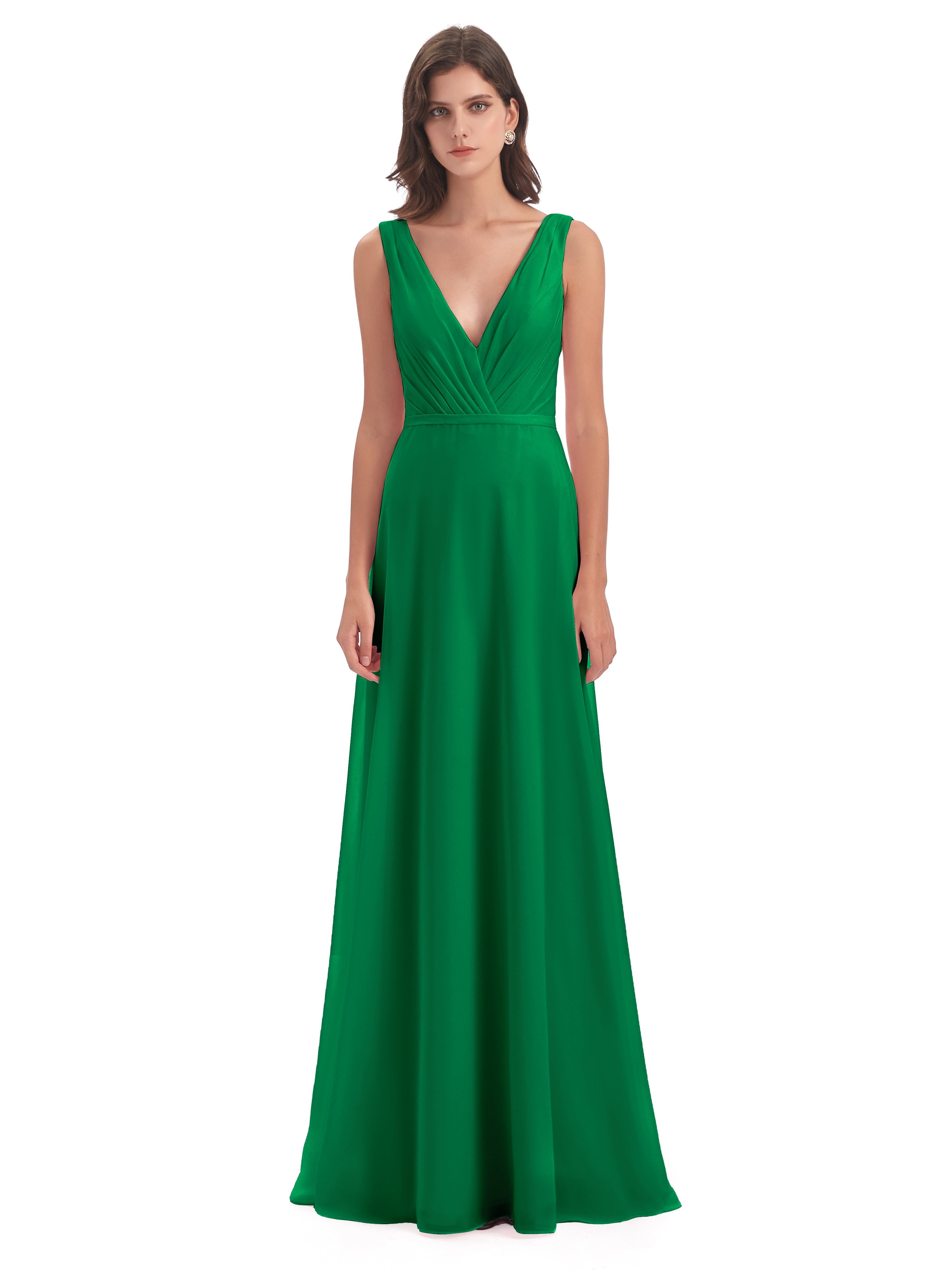 Robe Demoiselle D Honneur Vert Émeraude Col V Mousseline Longue Robes Demoiselle D'Honneur