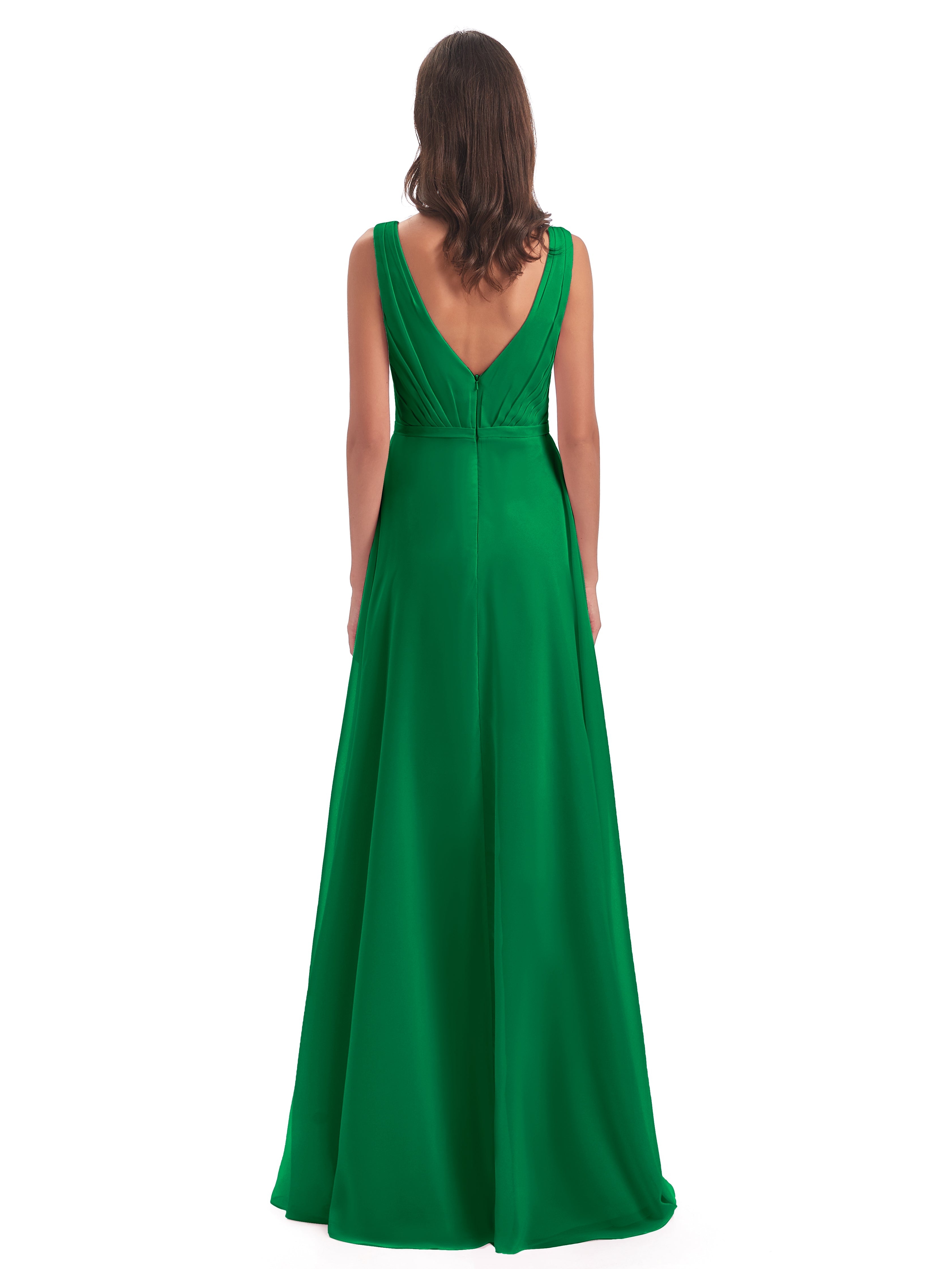Robe Demoiselle D Honneur Vert Émeraude Col V Mousseline Longue Robes Demoiselle D'Honneur