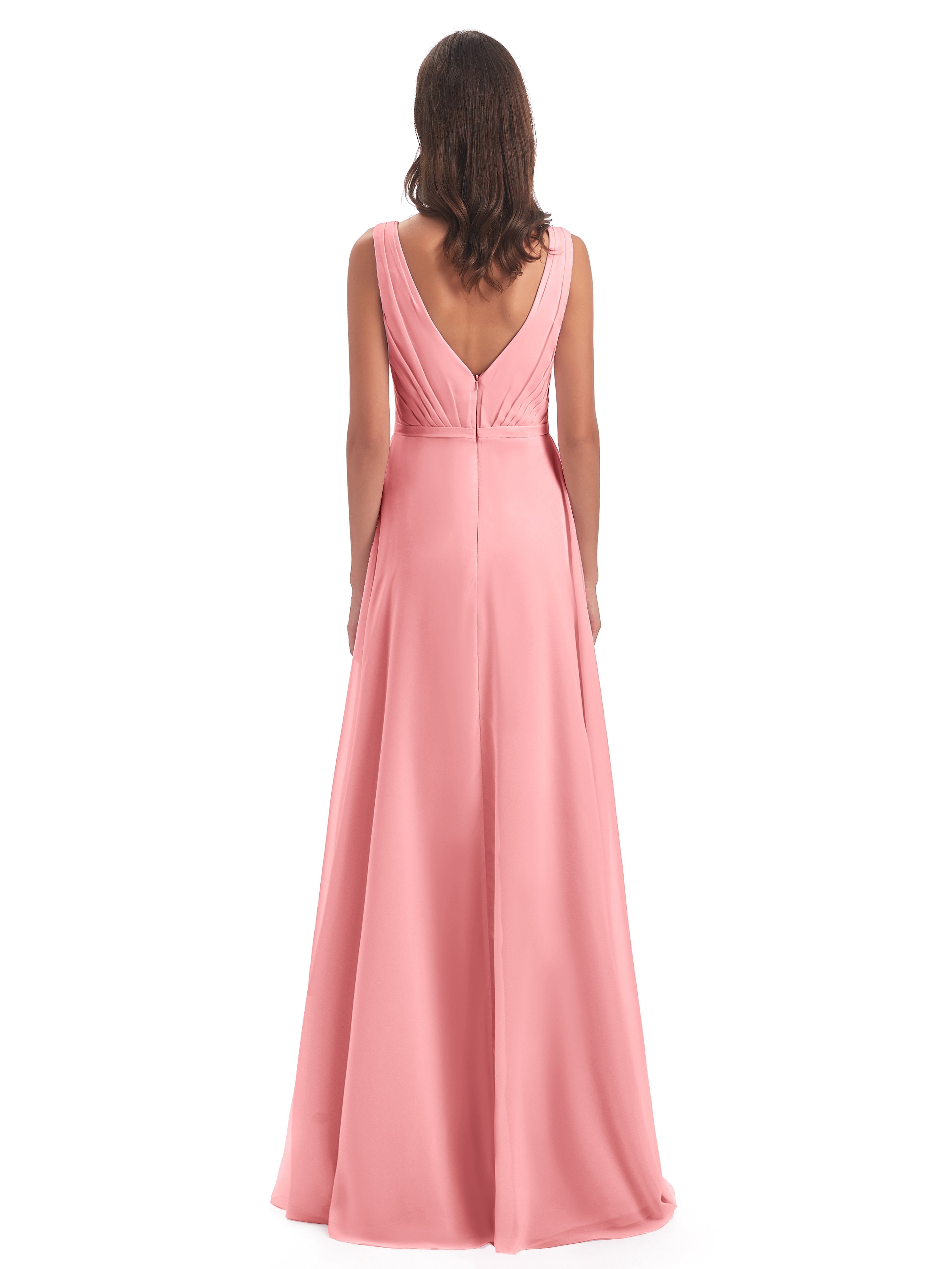 Robes De Demoiselle D'Honneur En Flamant Col V Mousseline Longue Robes Demoiselle D'Honneur