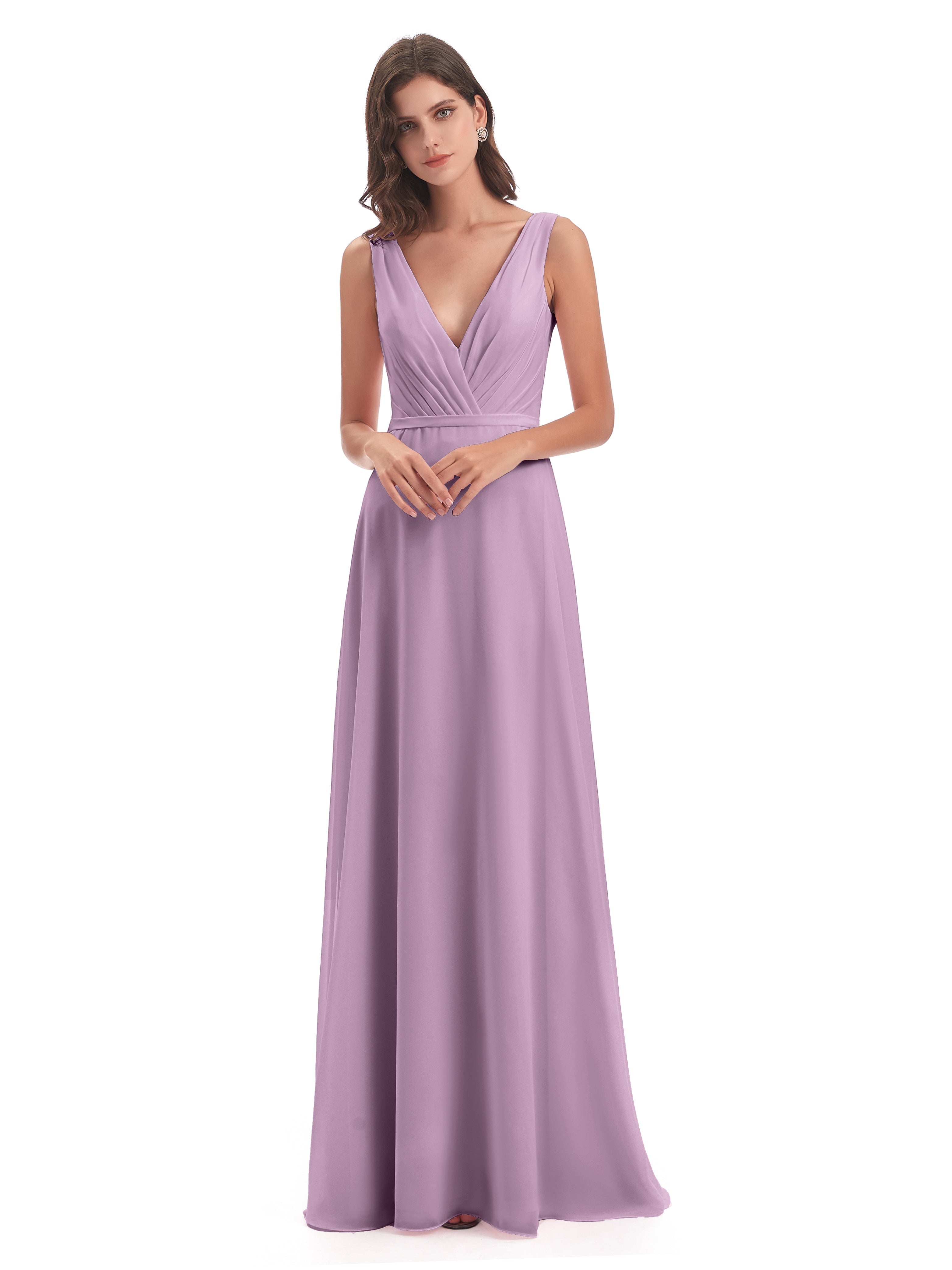 Robes De Demoiselle D'Honneur Glycine Col V Mousseline Longue Robes Demoiselle D'Honneur