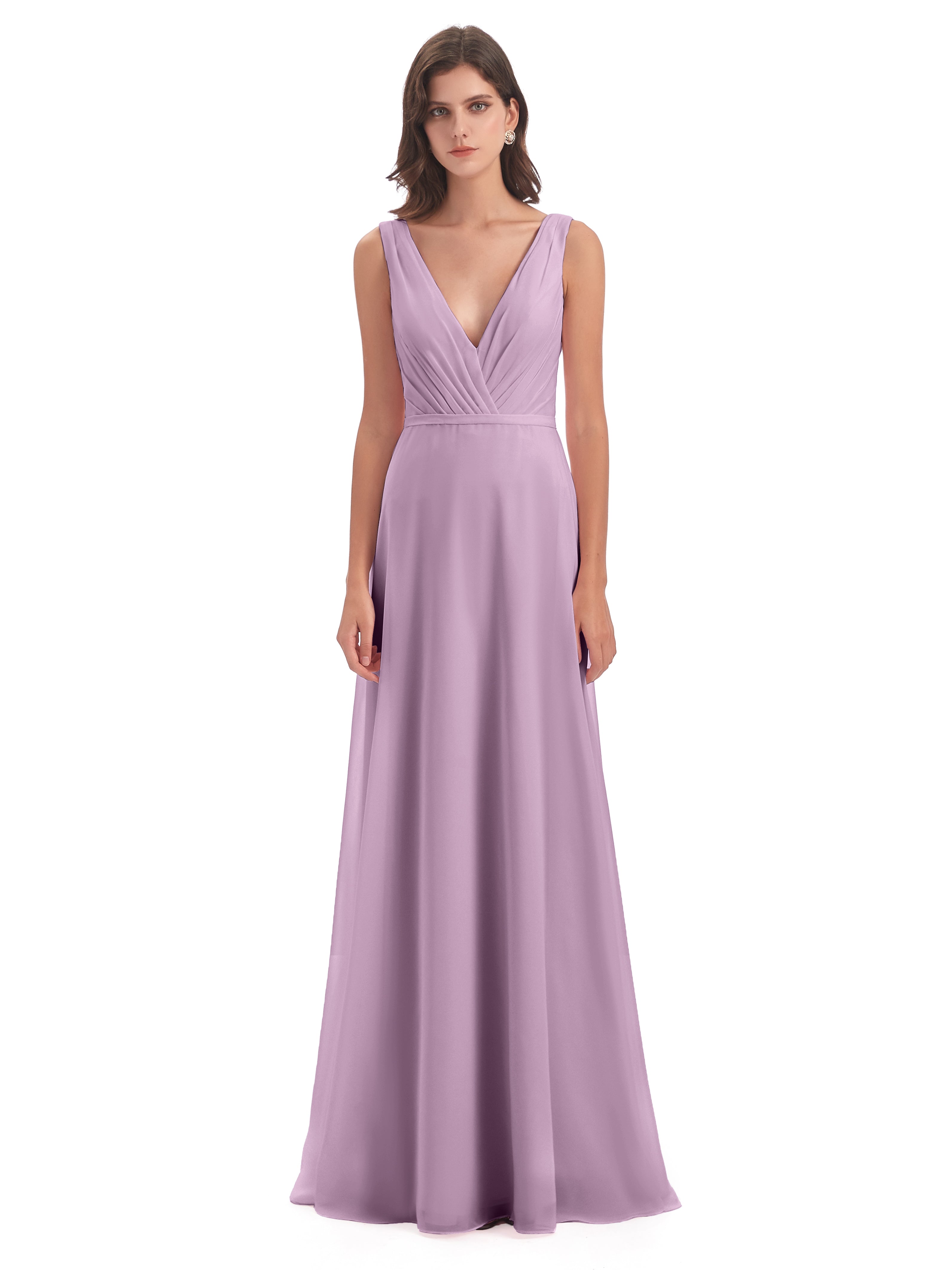 Robes De Demoiselle D'Honneur Glycine Col V Mousseline Longue Robes Demoiselle D'Honneur