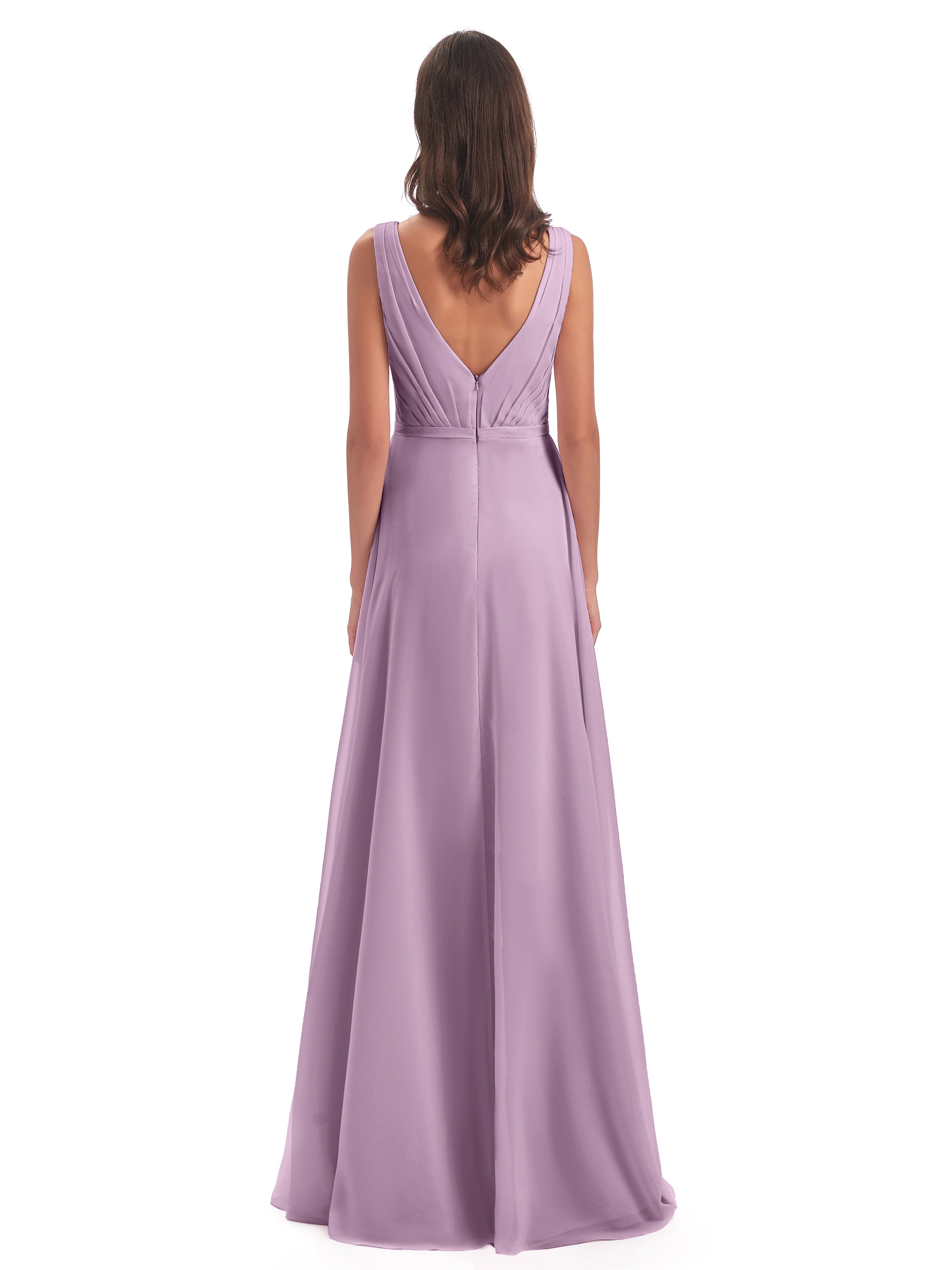 Robes De Demoiselle D'Honneur Glycine Col V Mousseline Longue Robes Demoiselle D'Honneur