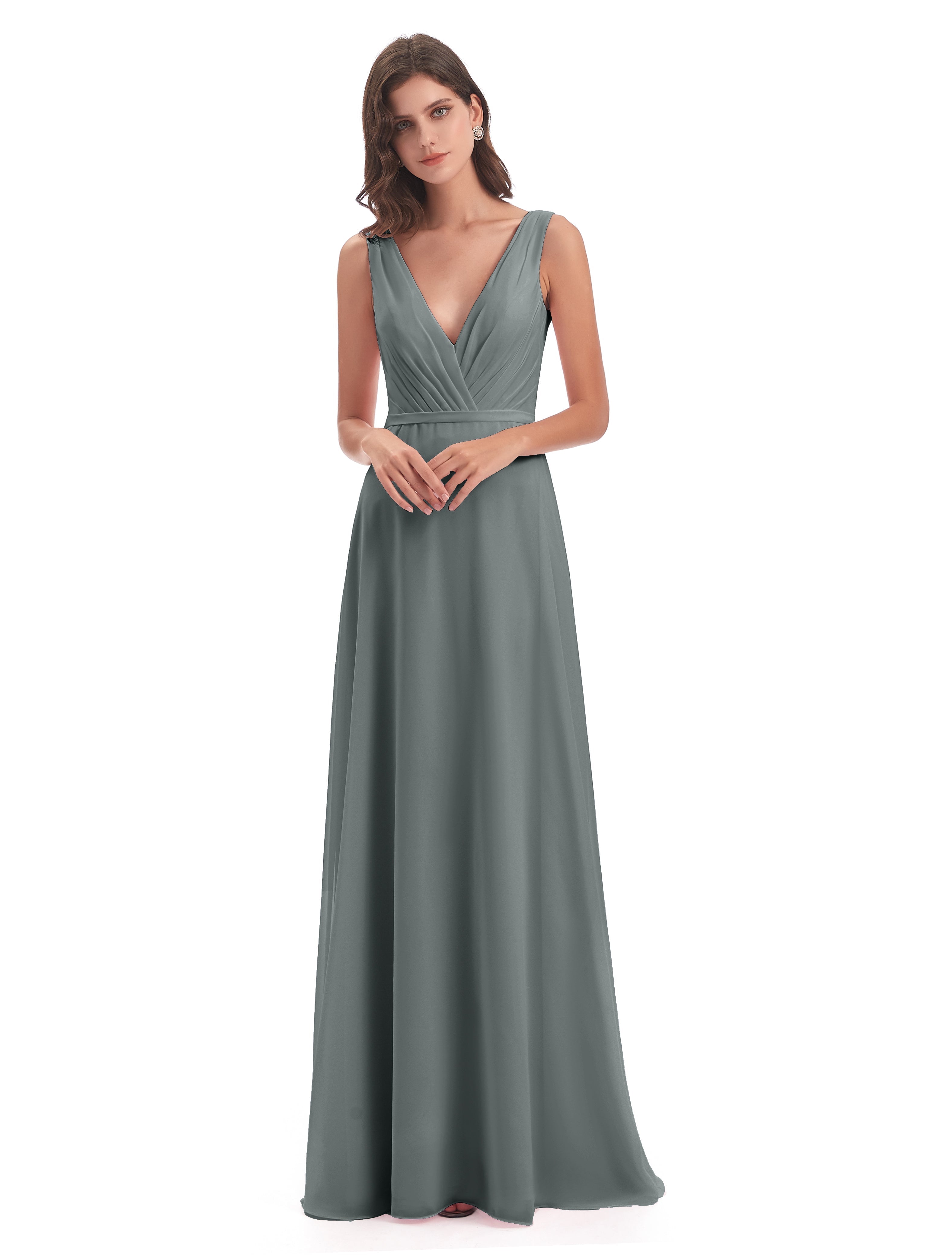 Robe Grise Demoiselle D Honneur Col V Mousseline Longue Robes Demoiselle D'Honneur