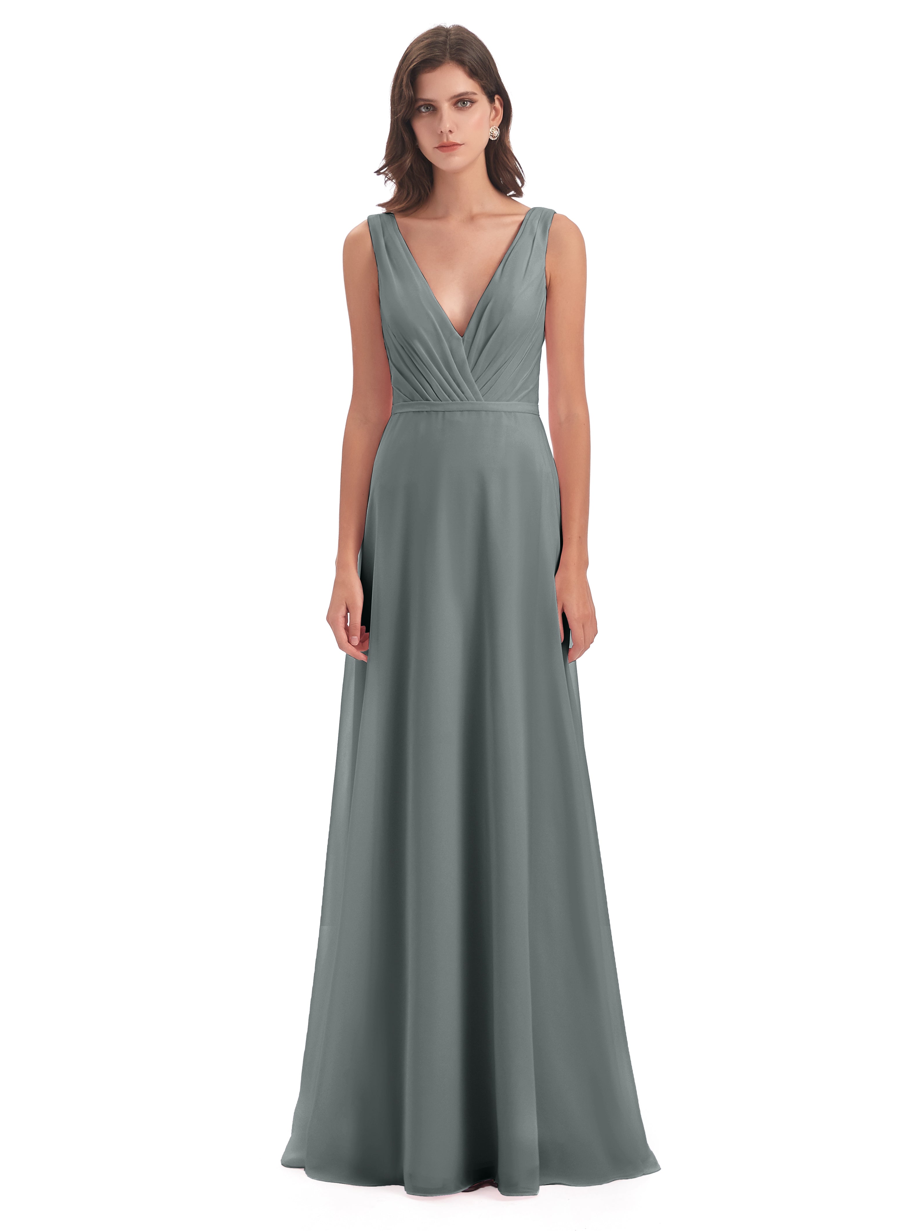 Robe Grise Demoiselle D Honneur Col V Mousseline Longue Robes Demoiselle D'Honneur