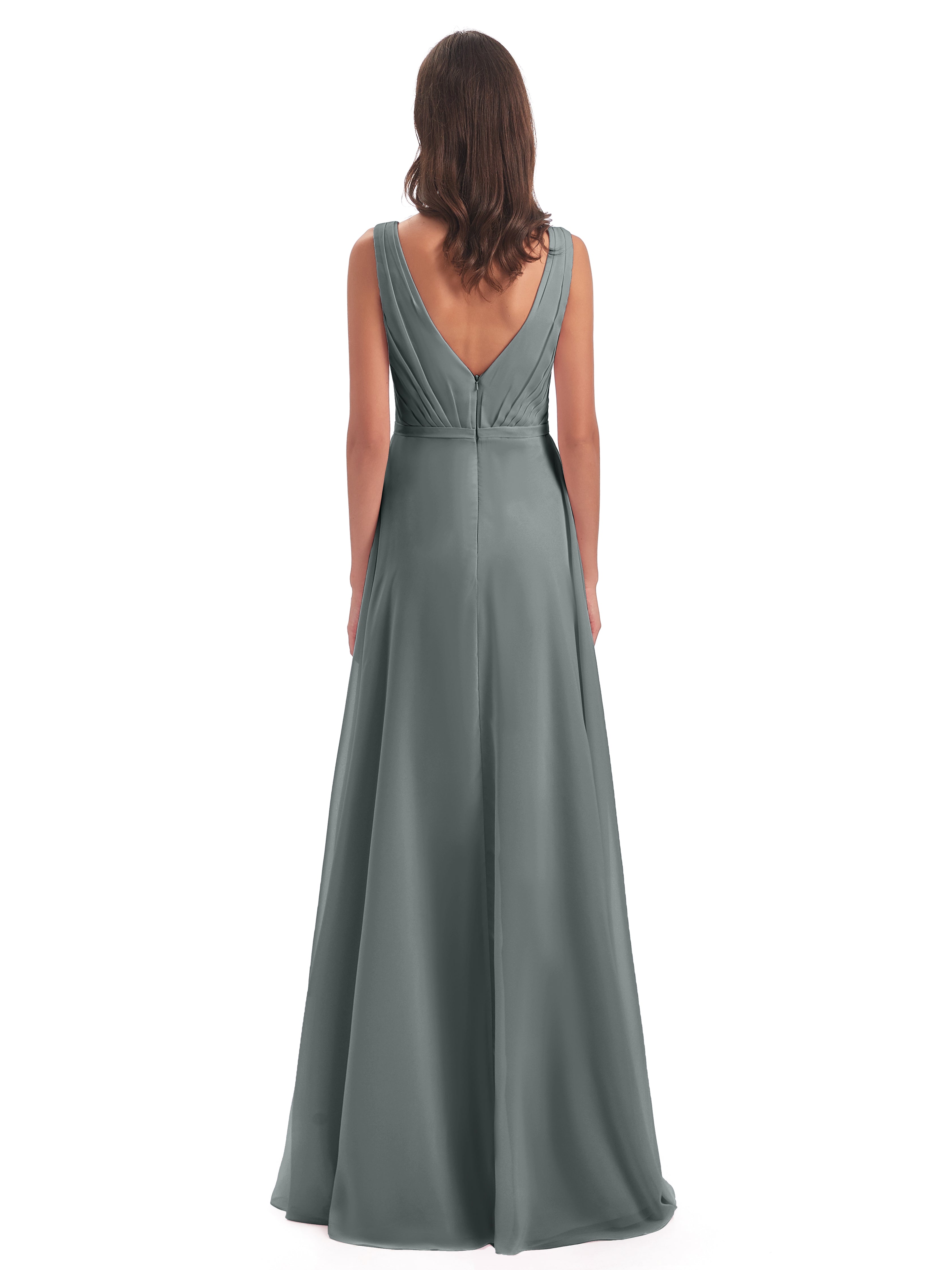 Robe Grise Demoiselle D Honneur Col V Mousseline Longue Robes Demoiselle D'Honneur