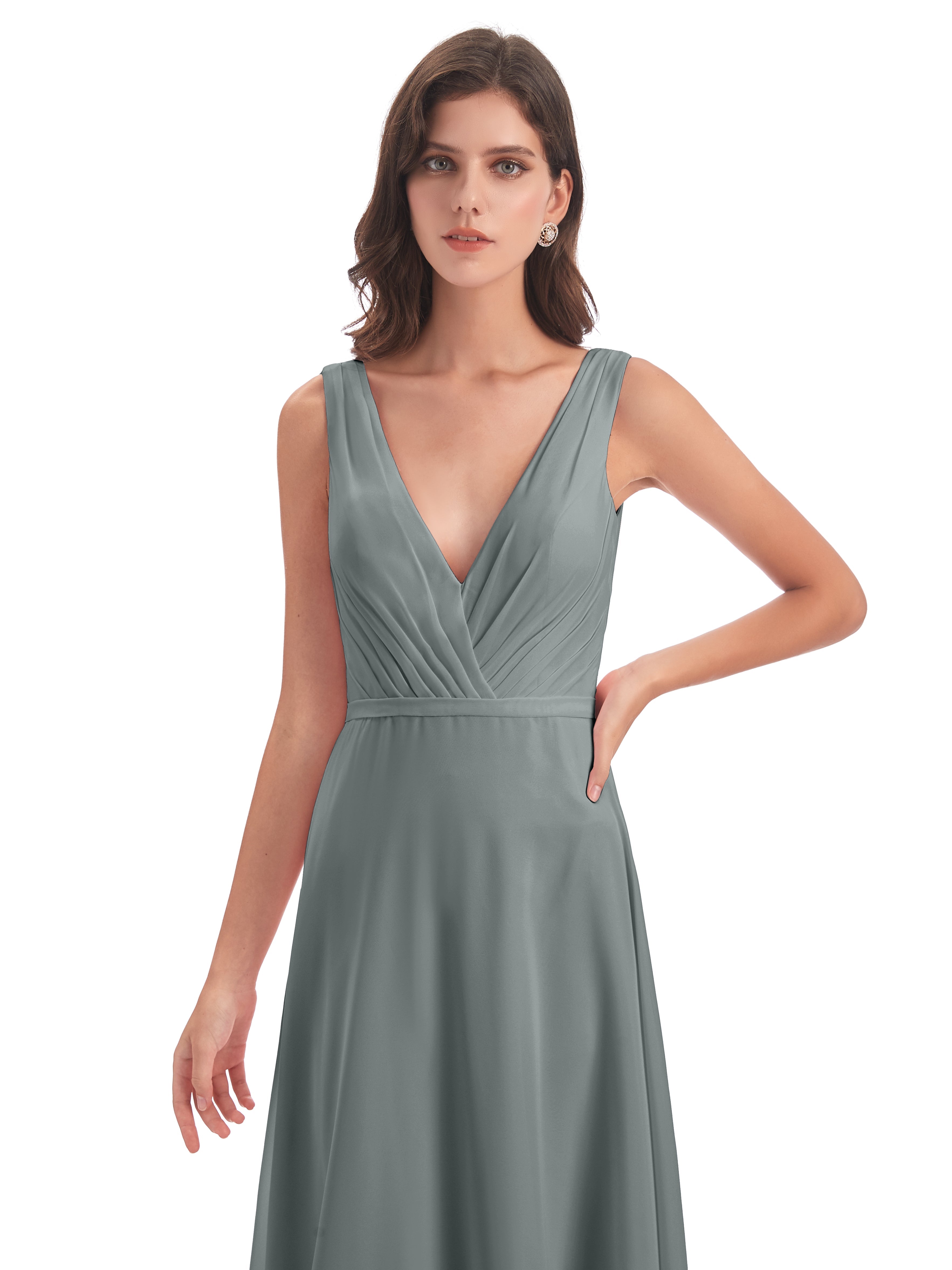 Robe Grise Demoiselle D Honneur Col V Mousseline Longue Robes Demoiselle D'Honneur