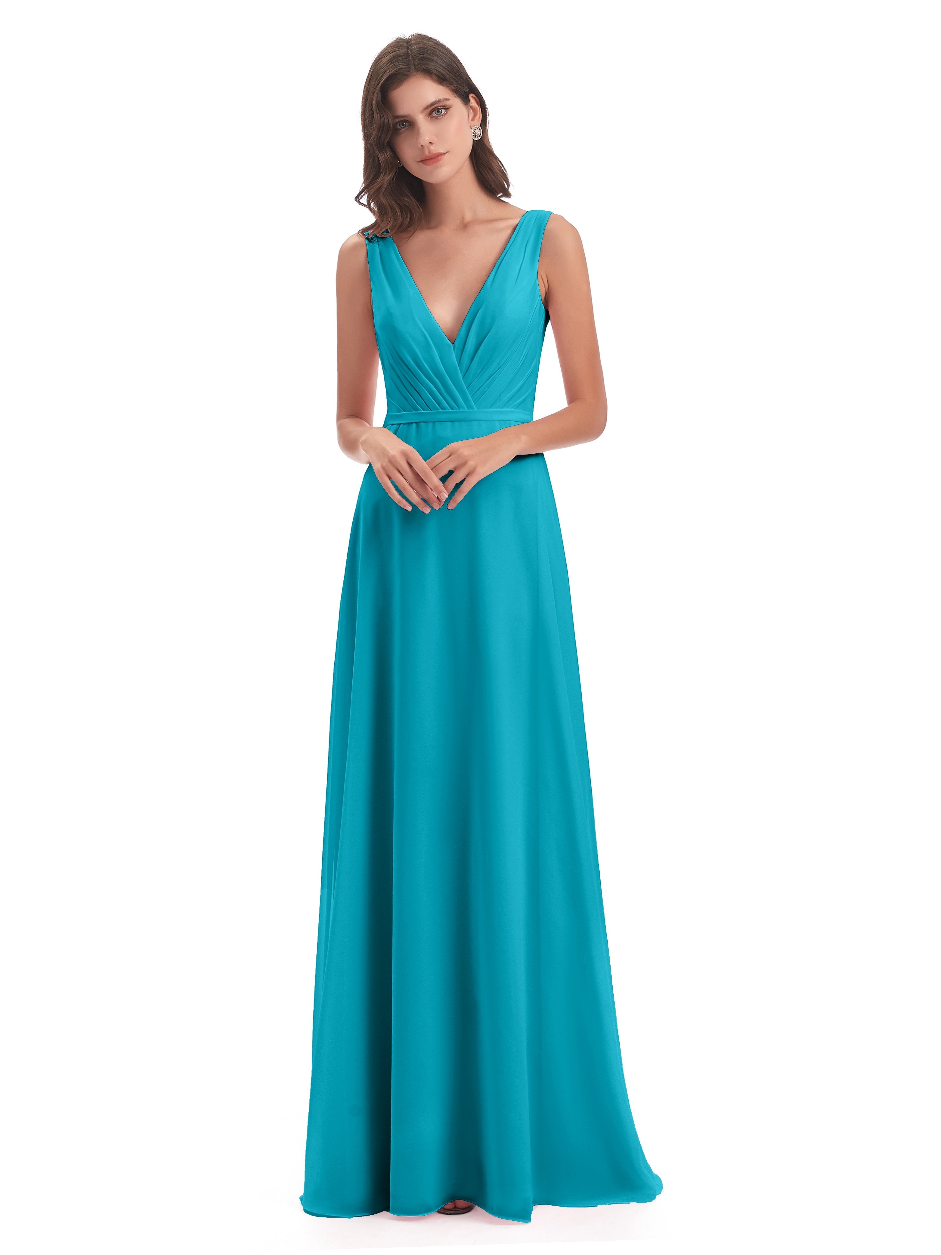 Robes De Demoiselle D'Honneur Vert Jade Col V Mousseline Longue Robes Demoiselle D'Honneur