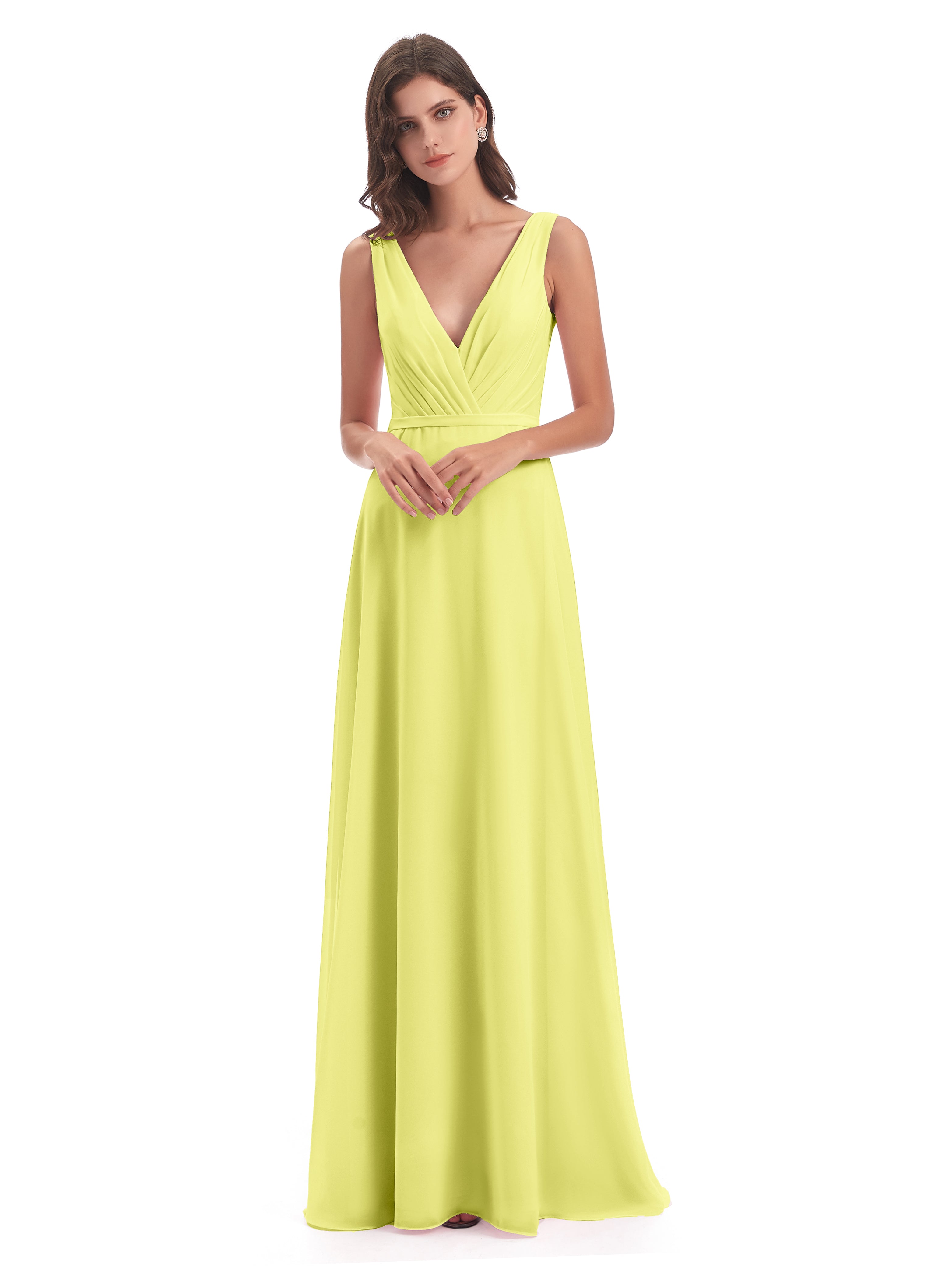 Robes De Demoiselle D'Honneur Jonquille Col V Mousseline Longue Robes Demoiselle D'Honneur
