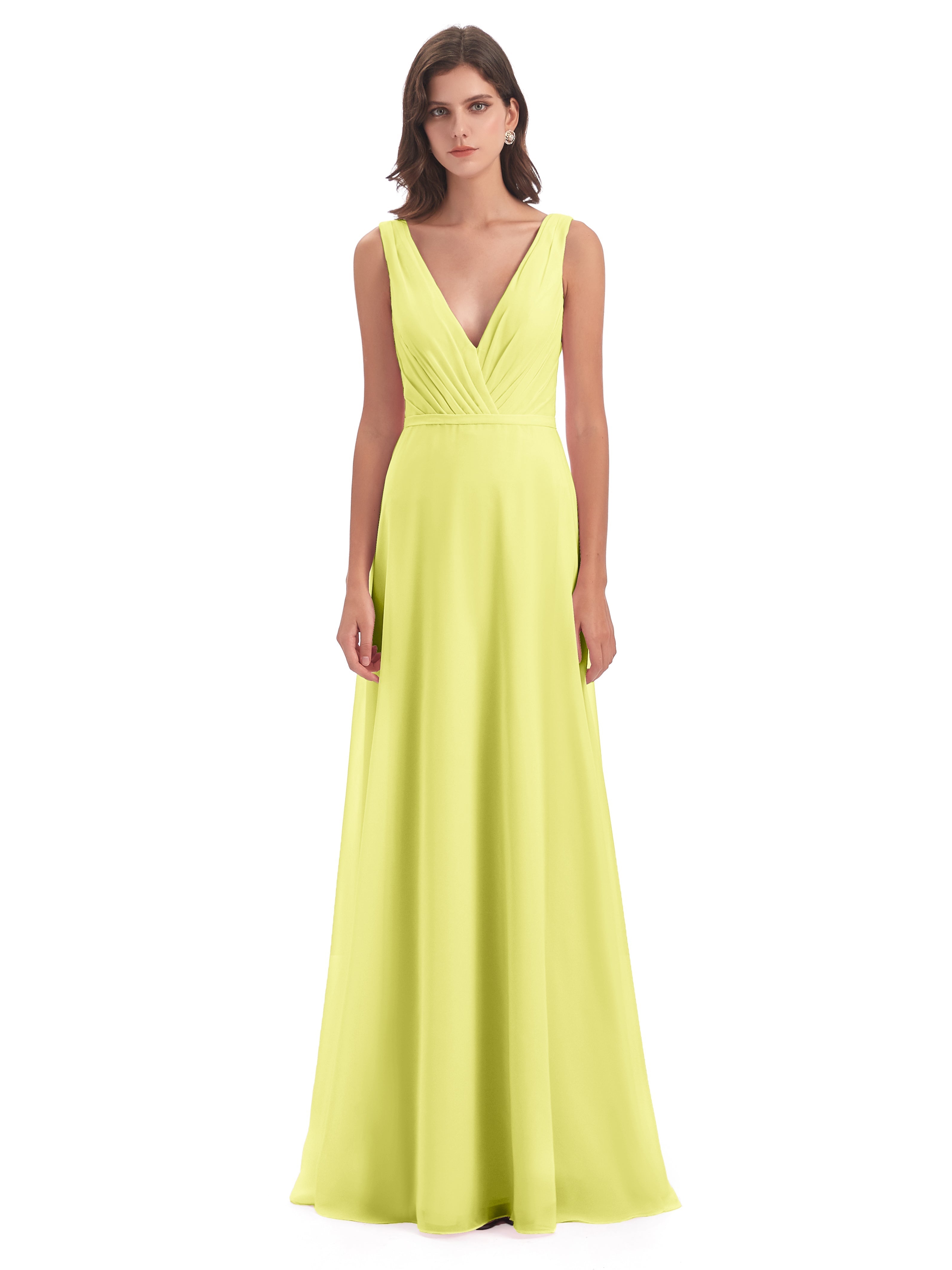 Robes De Demoiselle D'Honneur Jonquille Col V Mousseline Longue Robes Demoiselle D'Honneur