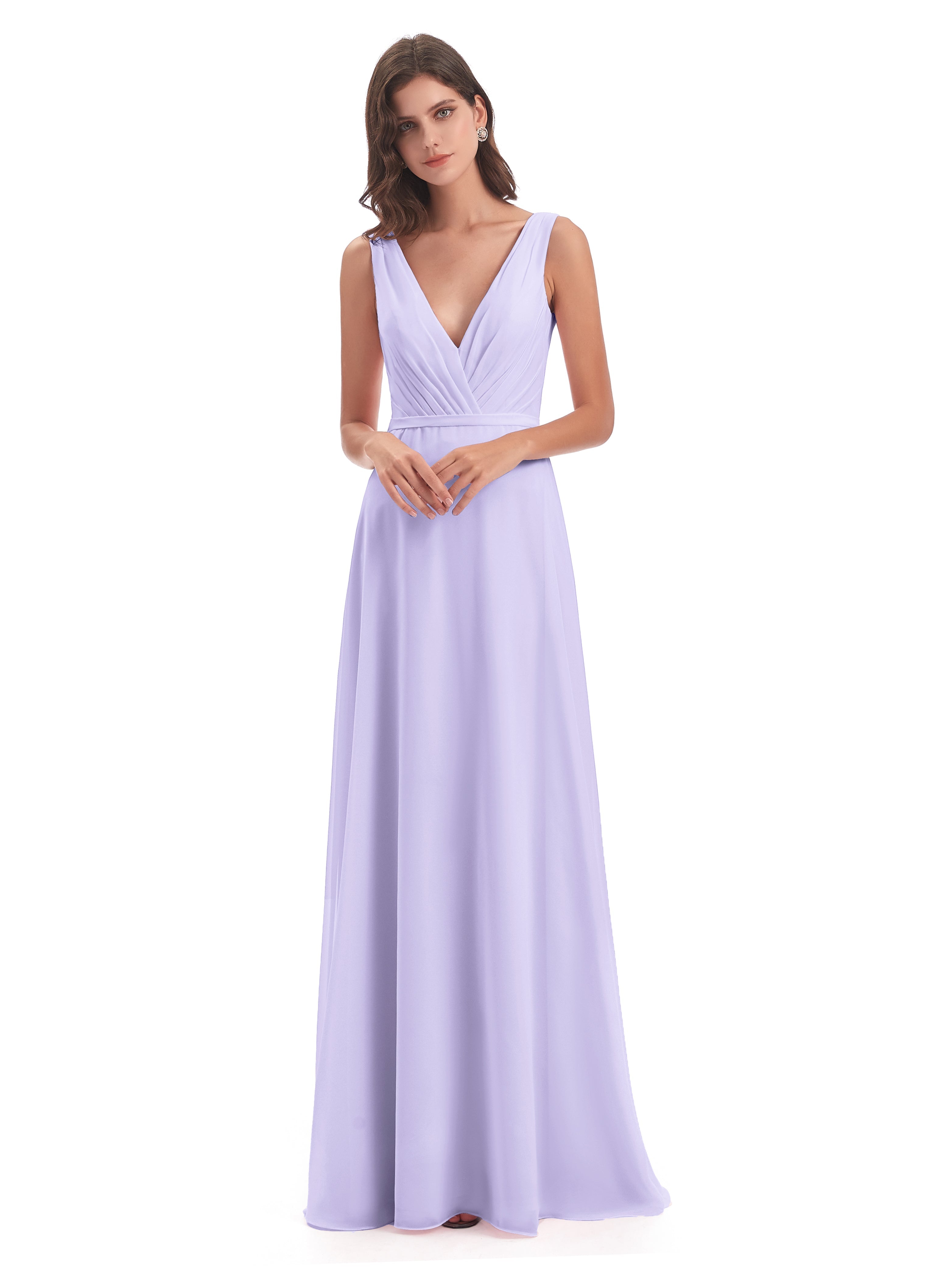 Robe Lilas Demoiselle D Honneur Col V Mousseline Longue Robes Demoiselle D'Honneur
