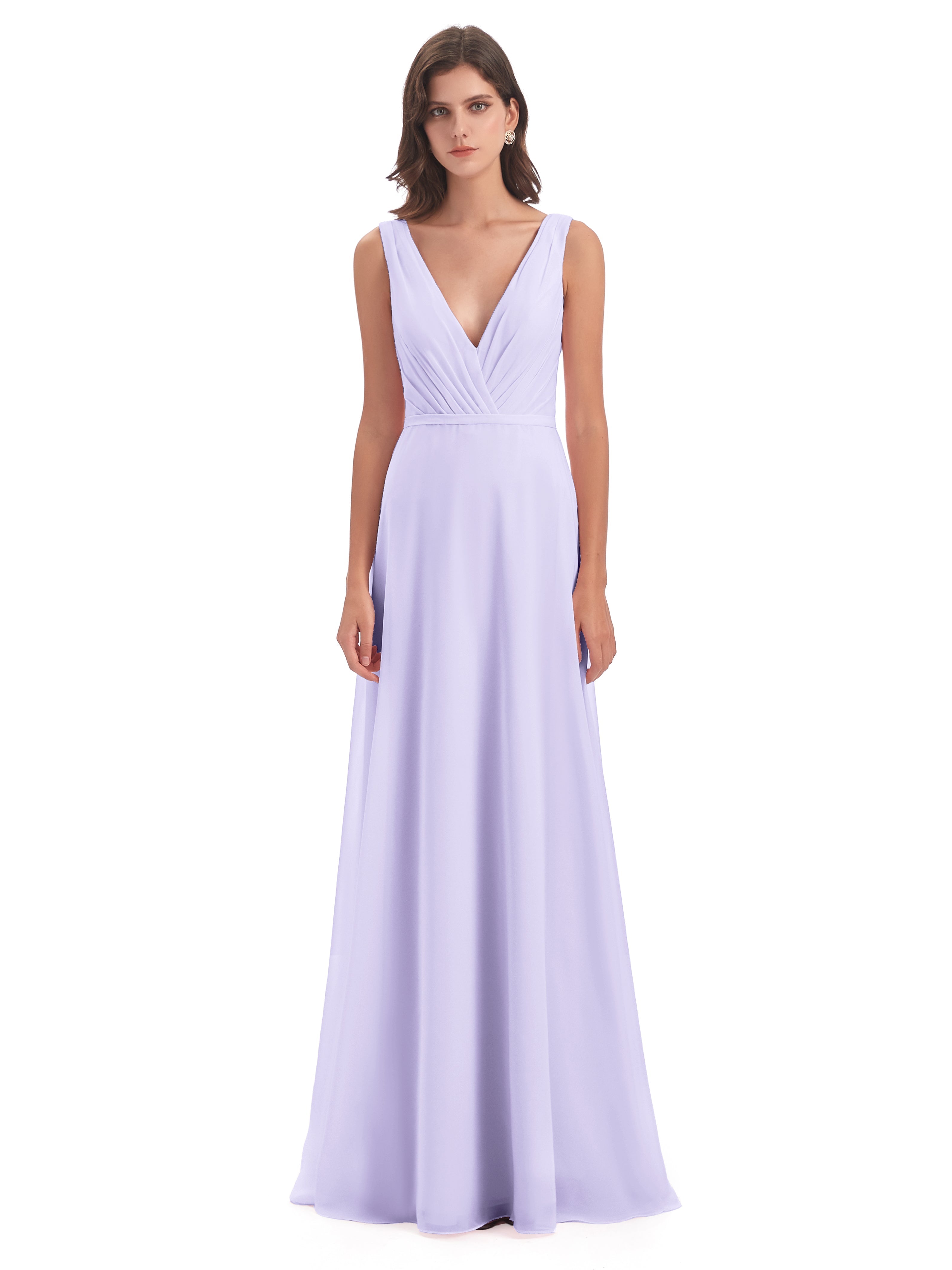 Robe Lilas Demoiselle D Honneur Col V Mousseline Longue Robes Demoiselle D'Honneur