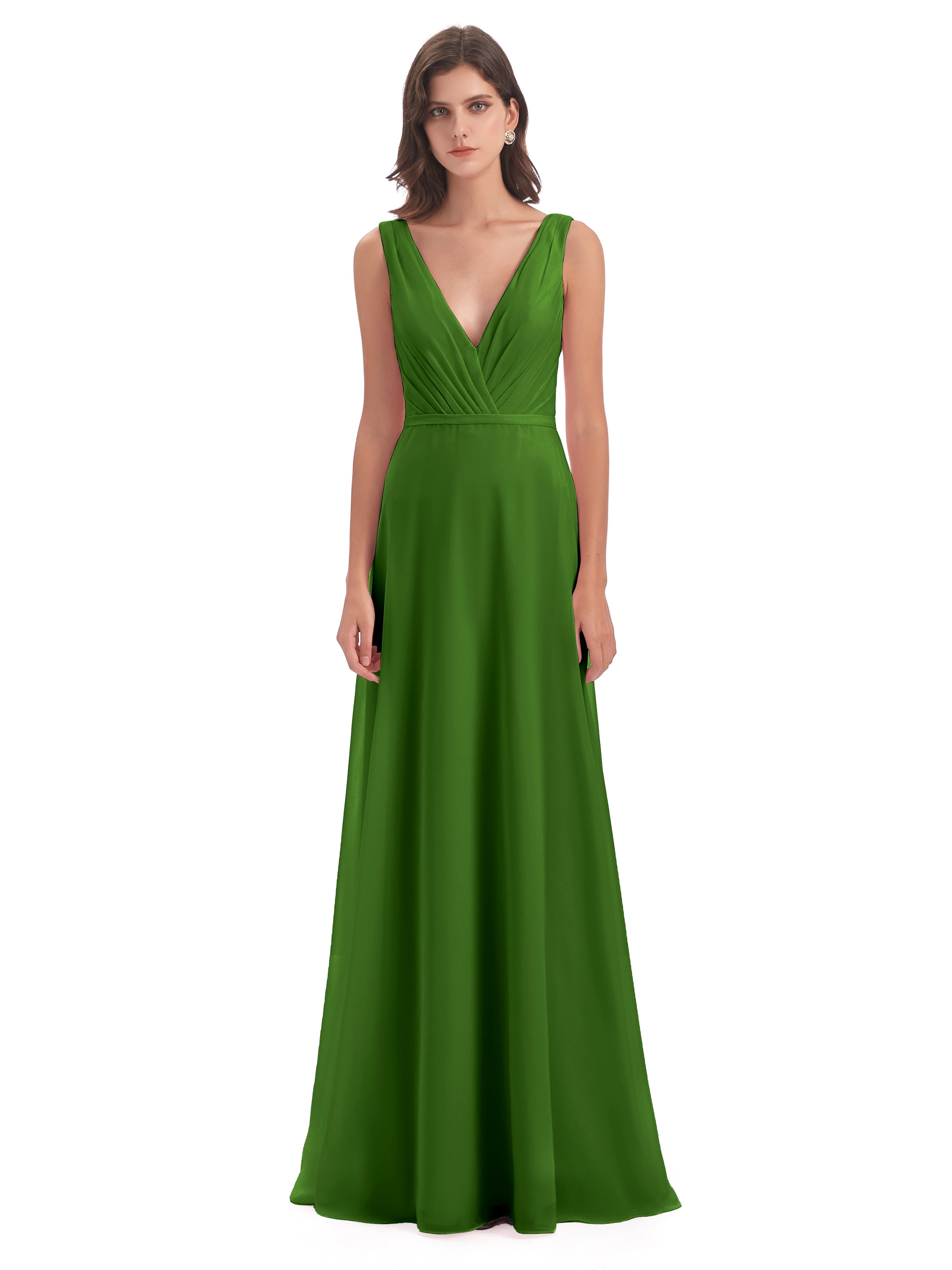 Robes De Demoiselle D'Honneur Vert Mousse Col V Mousseline Longue Robes Demoiselle D'Honneur