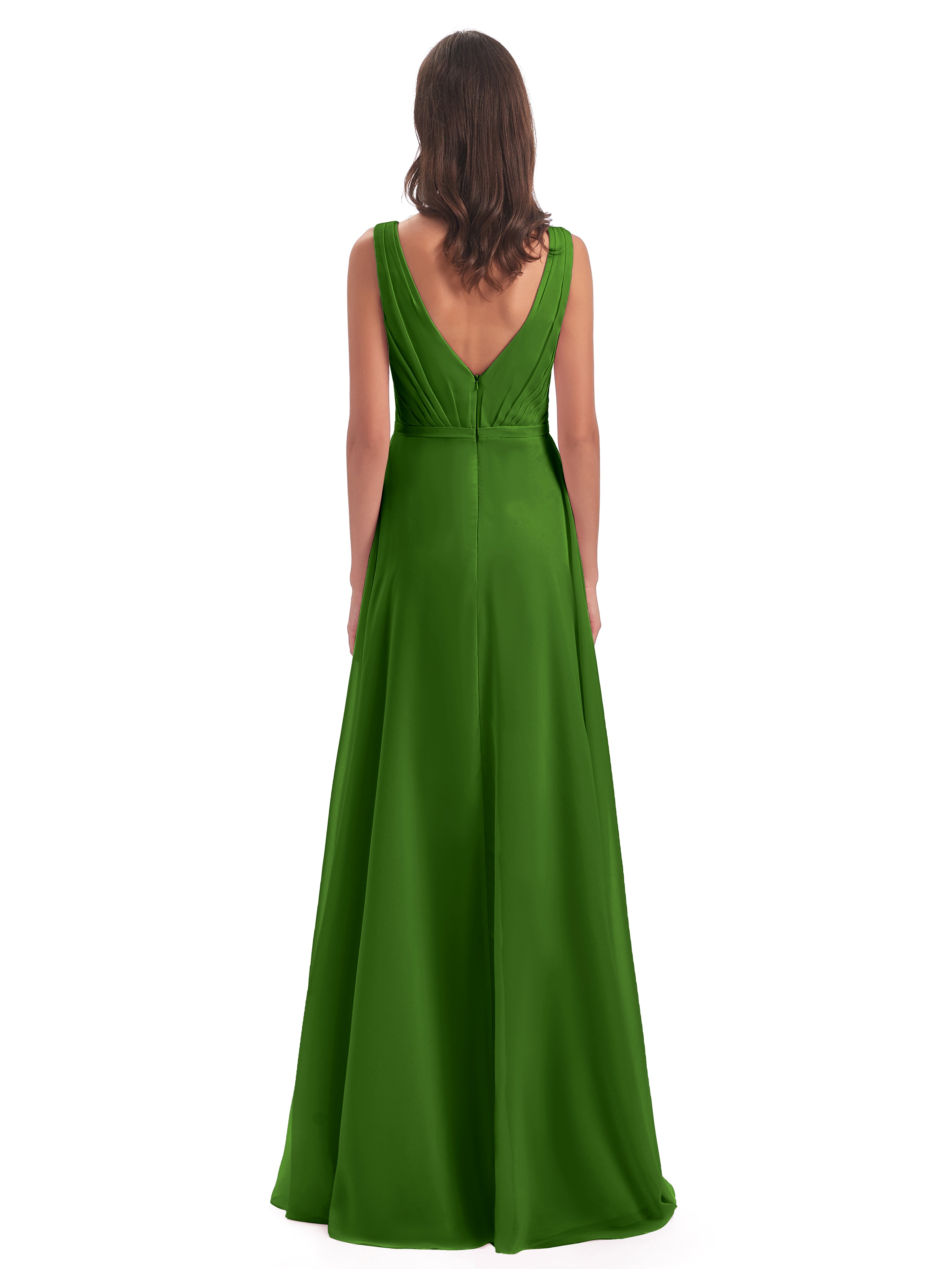 Robes De Demoiselle D'Honneur Vert Mousse Col V Mousseline Longue Robes Demoiselle D'Honneur