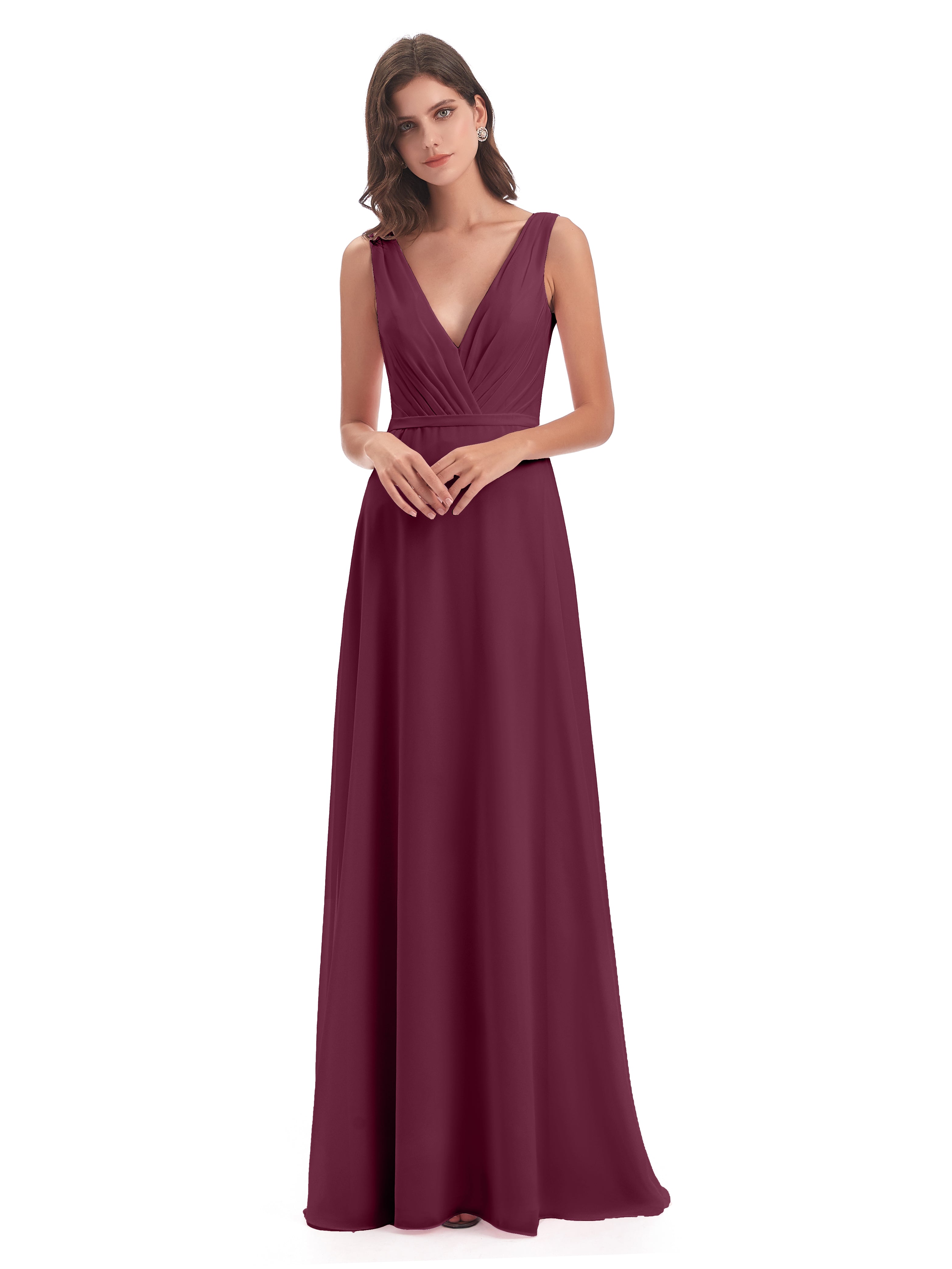 Robes De Demoiselle D'Honneur Mûre Col V Mousseline Longue Robes Demoiselle D'Honneur