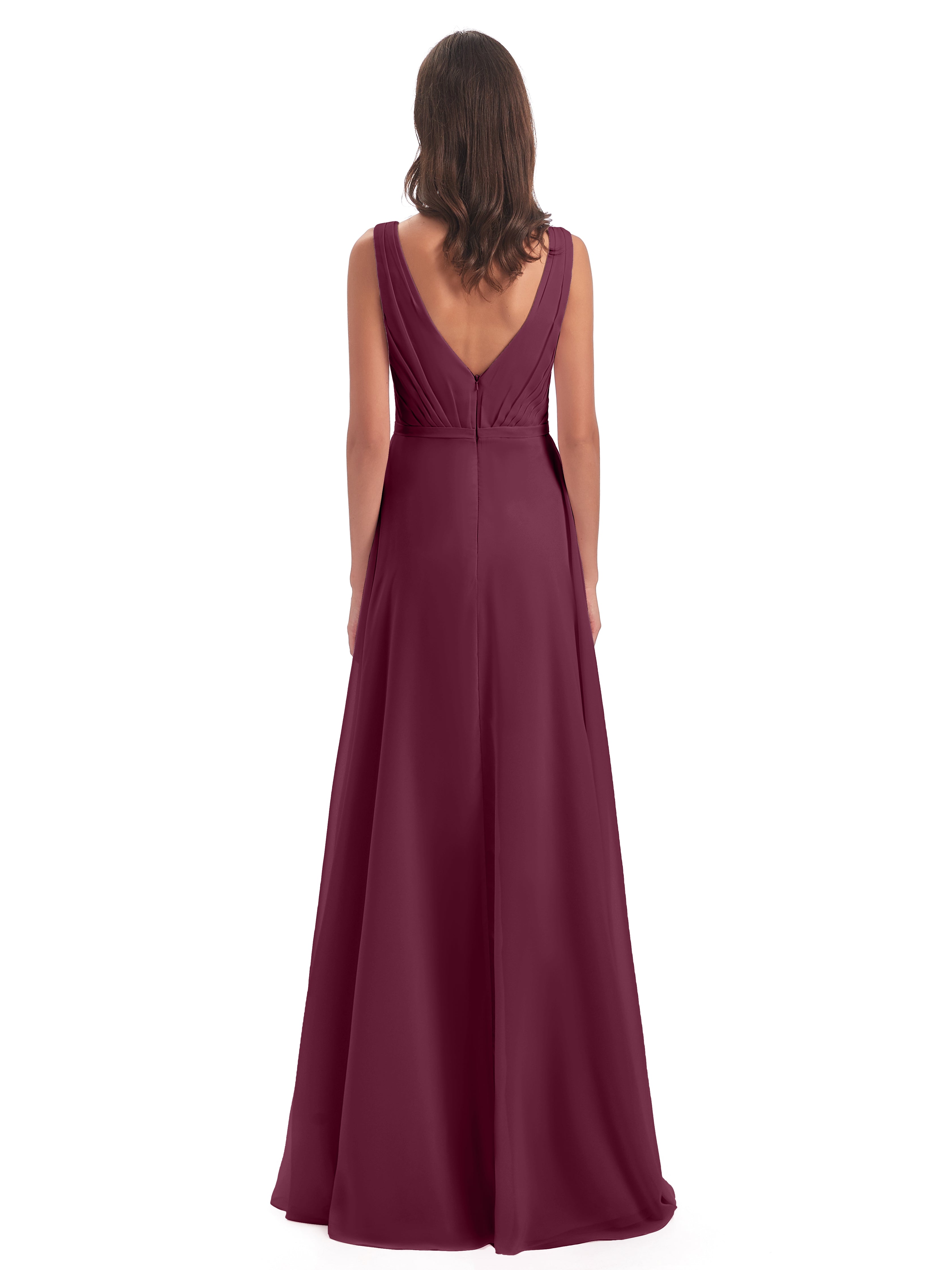 Robes De Demoiselle D'Honneur Mûre Col V Mousseline Longue Robes Demoiselle D'Honneur