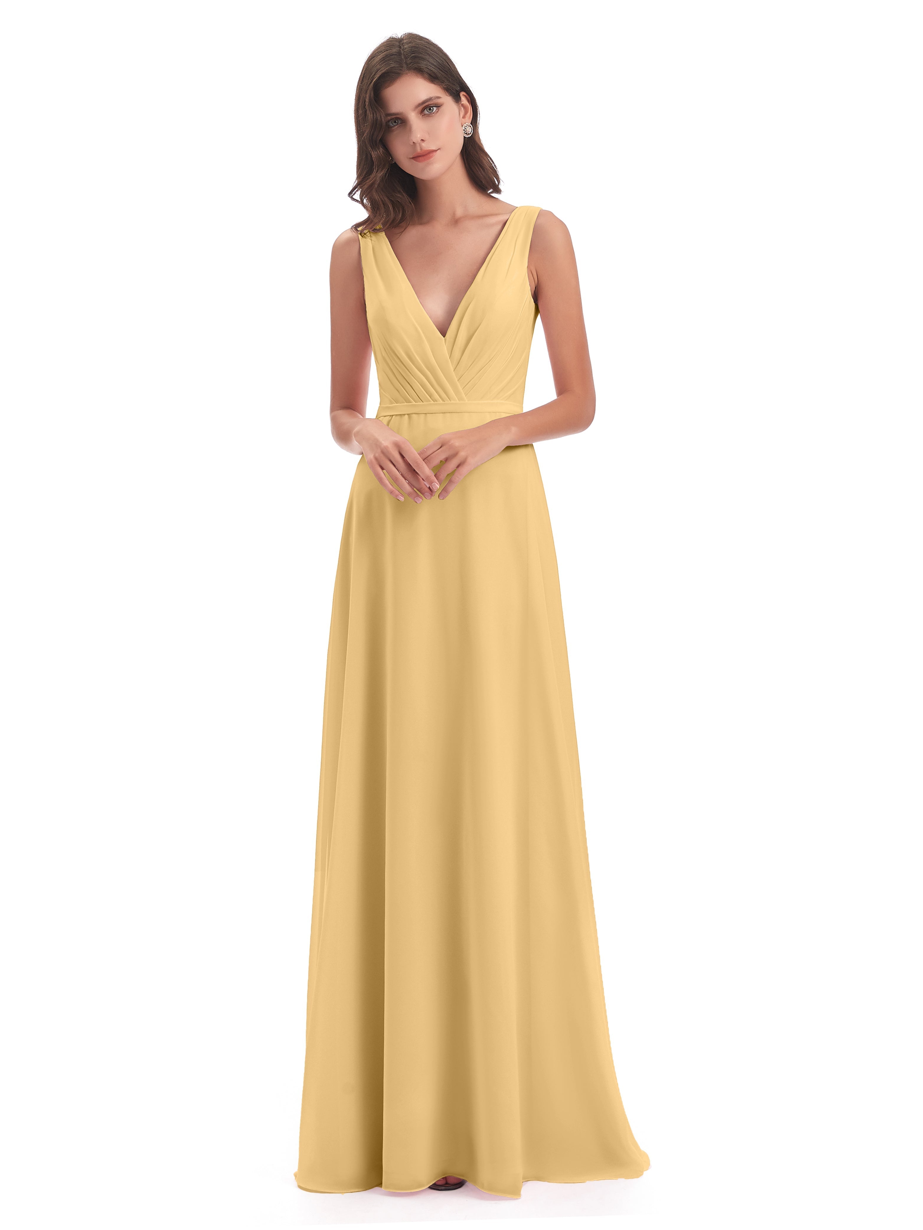 Robe Or Demoiselle D Honneur Col V Mousseline Longue Robes Demoiselle D'Honneur