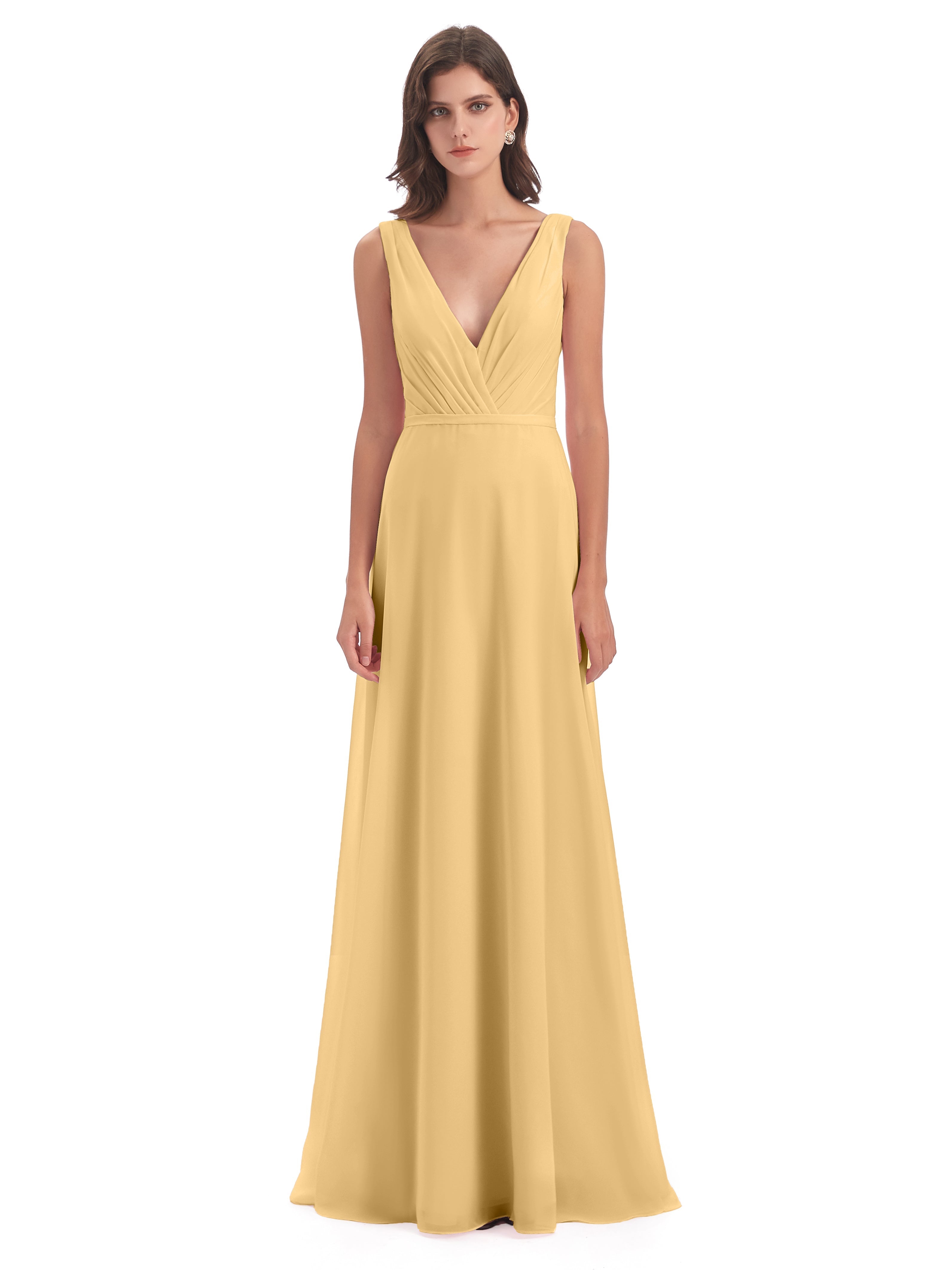 Robe Or Demoiselle D Honneur Col V Mousseline Longue Robes Demoiselle D'Honneur