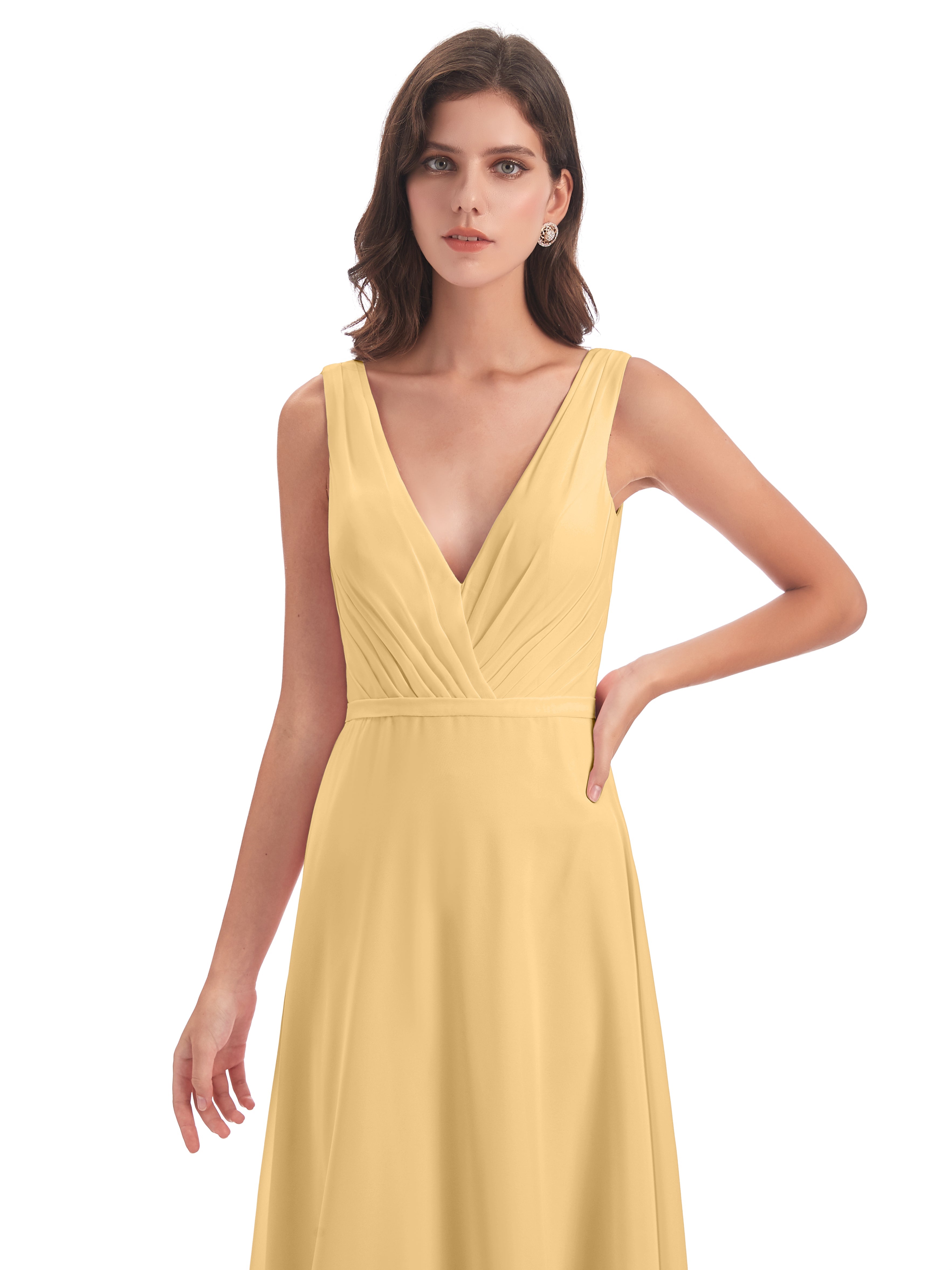Robe Or Demoiselle D Honneur Col V Mousseline Longue Robes Demoiselle D'Honneur