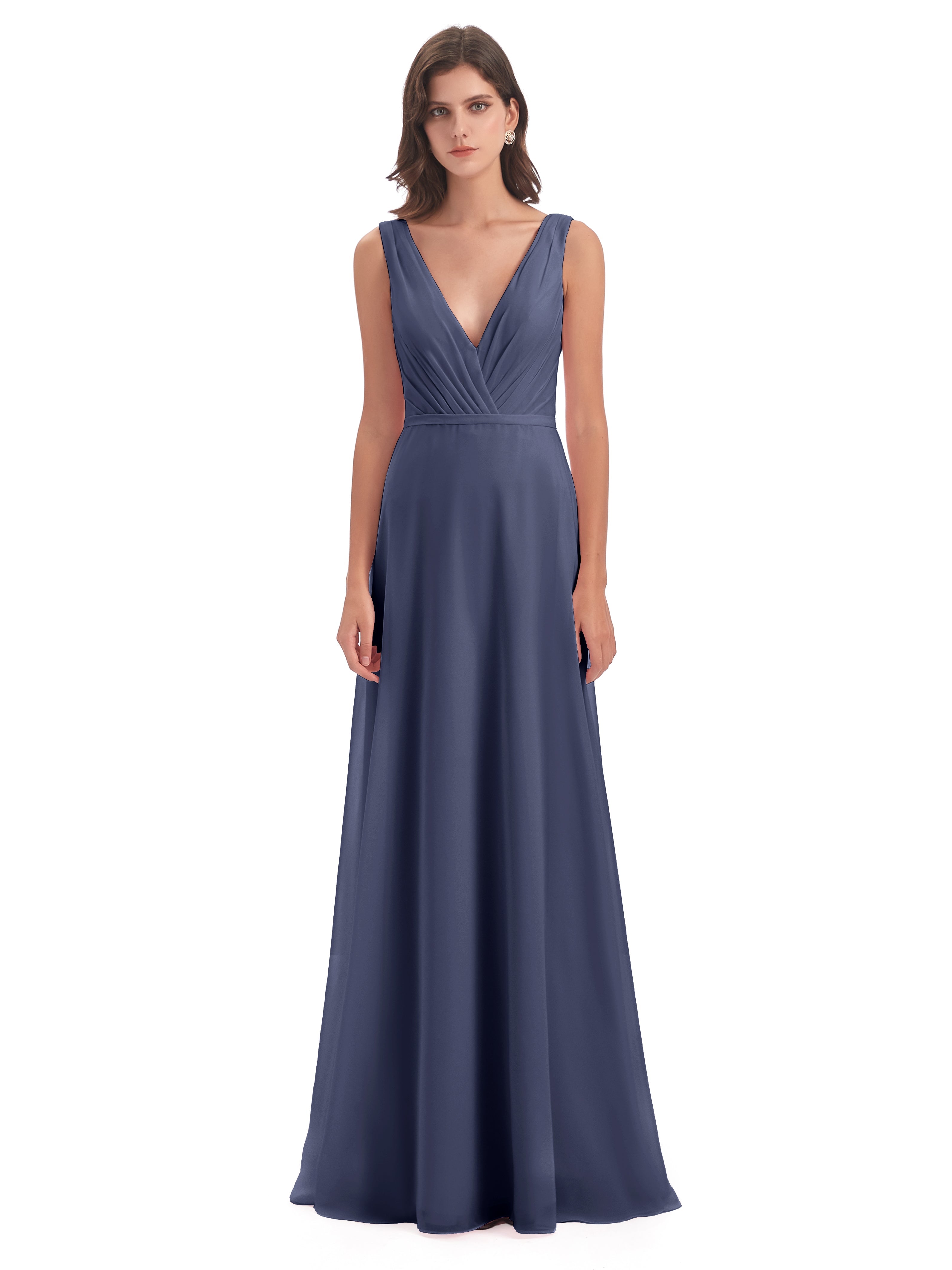 Robes De Demoiselle D'Honneur Bleu Orageux Col V Mousseline Longue Robes Demoiselle D'Honneur