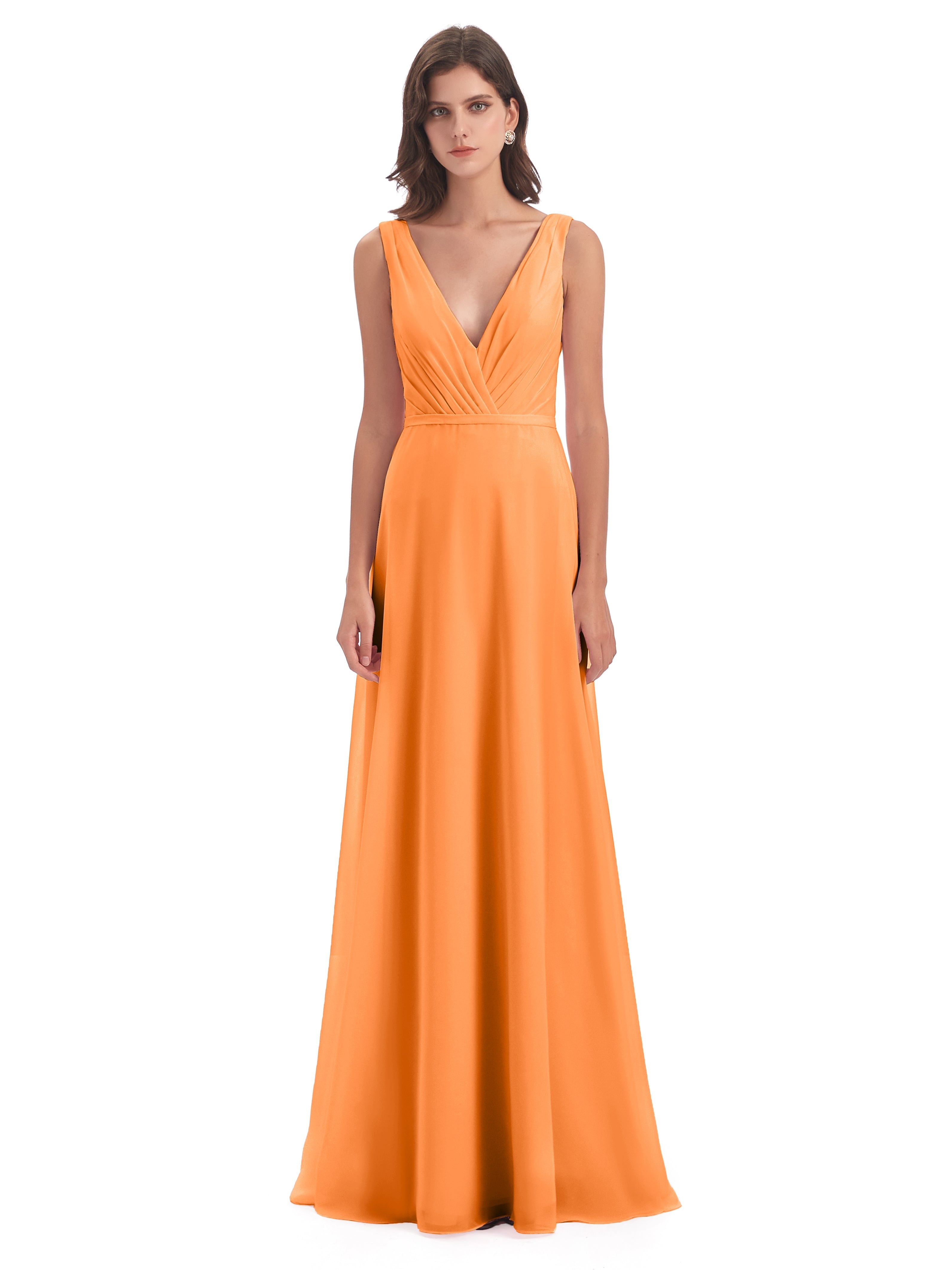 Robe De Demoiselle D Honneur Orange Col V Mousseline Longue Robes Demoiselle D'Honneur