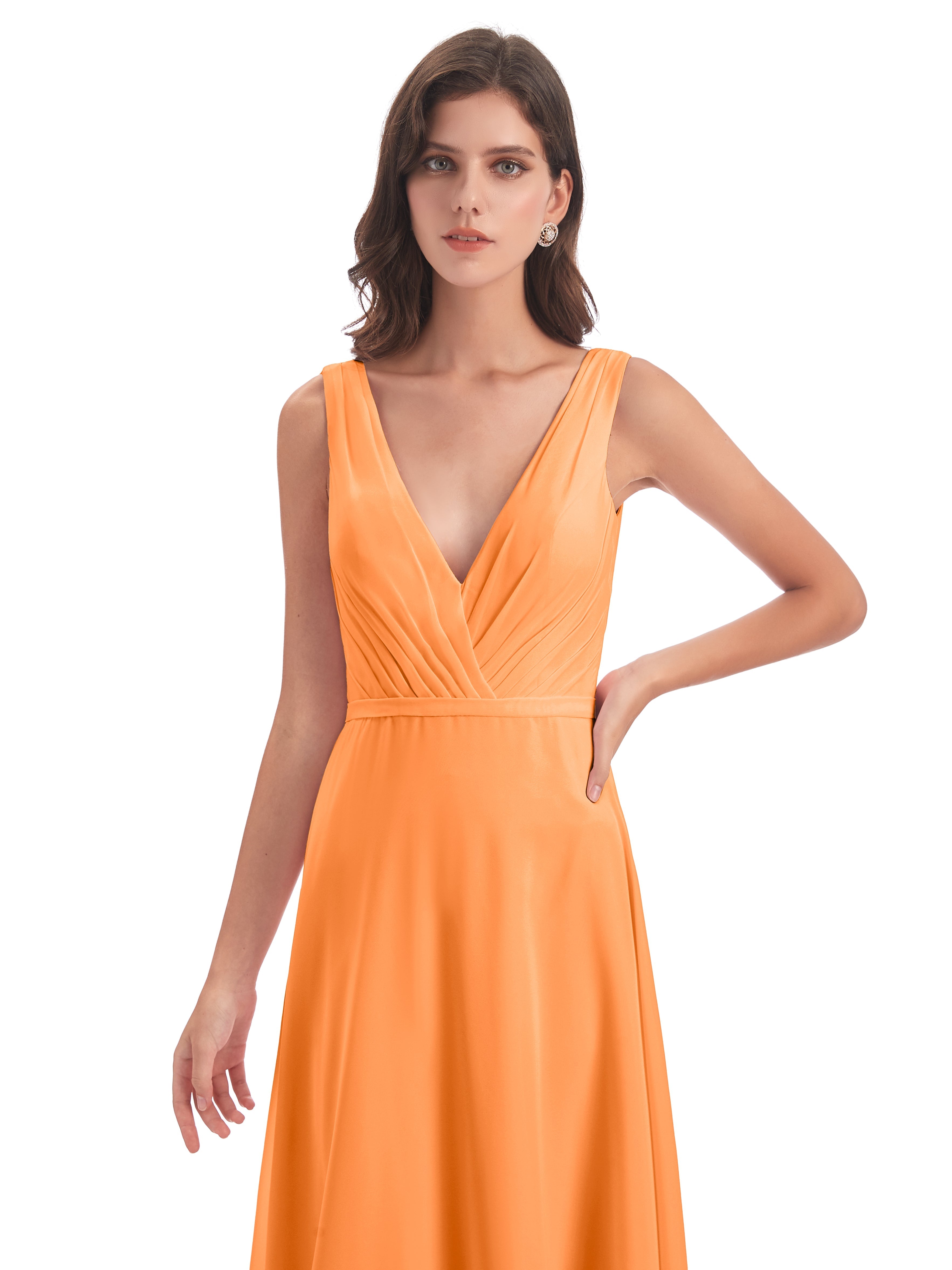Robe De Demoiselle D Honneur Orange Col V Mousseline Longue Robes Demoiselle D'Honneur