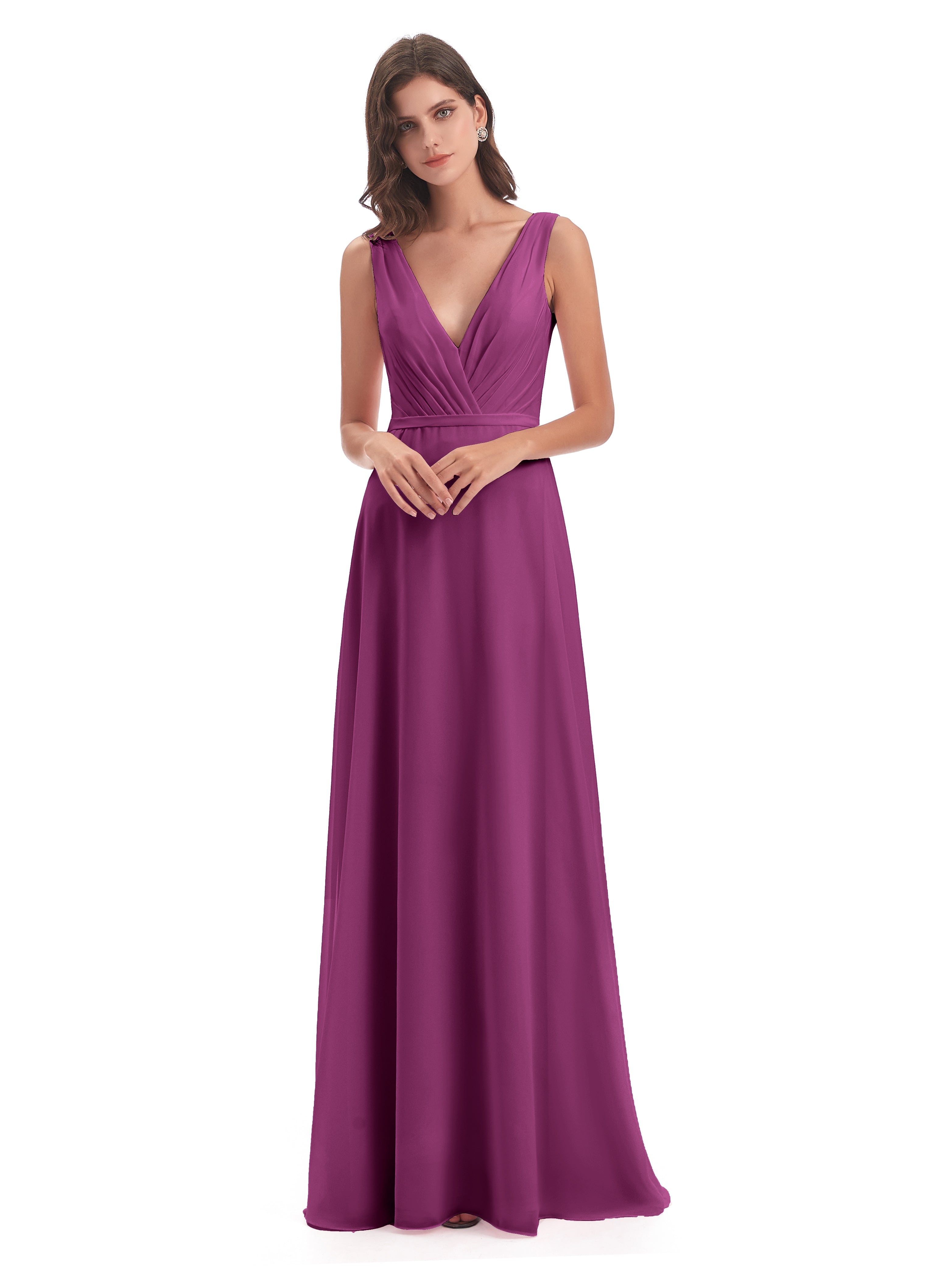 Robes De Demoiselle D'Honneur Orchidée Col V Mousseline Longue Robes Demoiselle D'Honneur