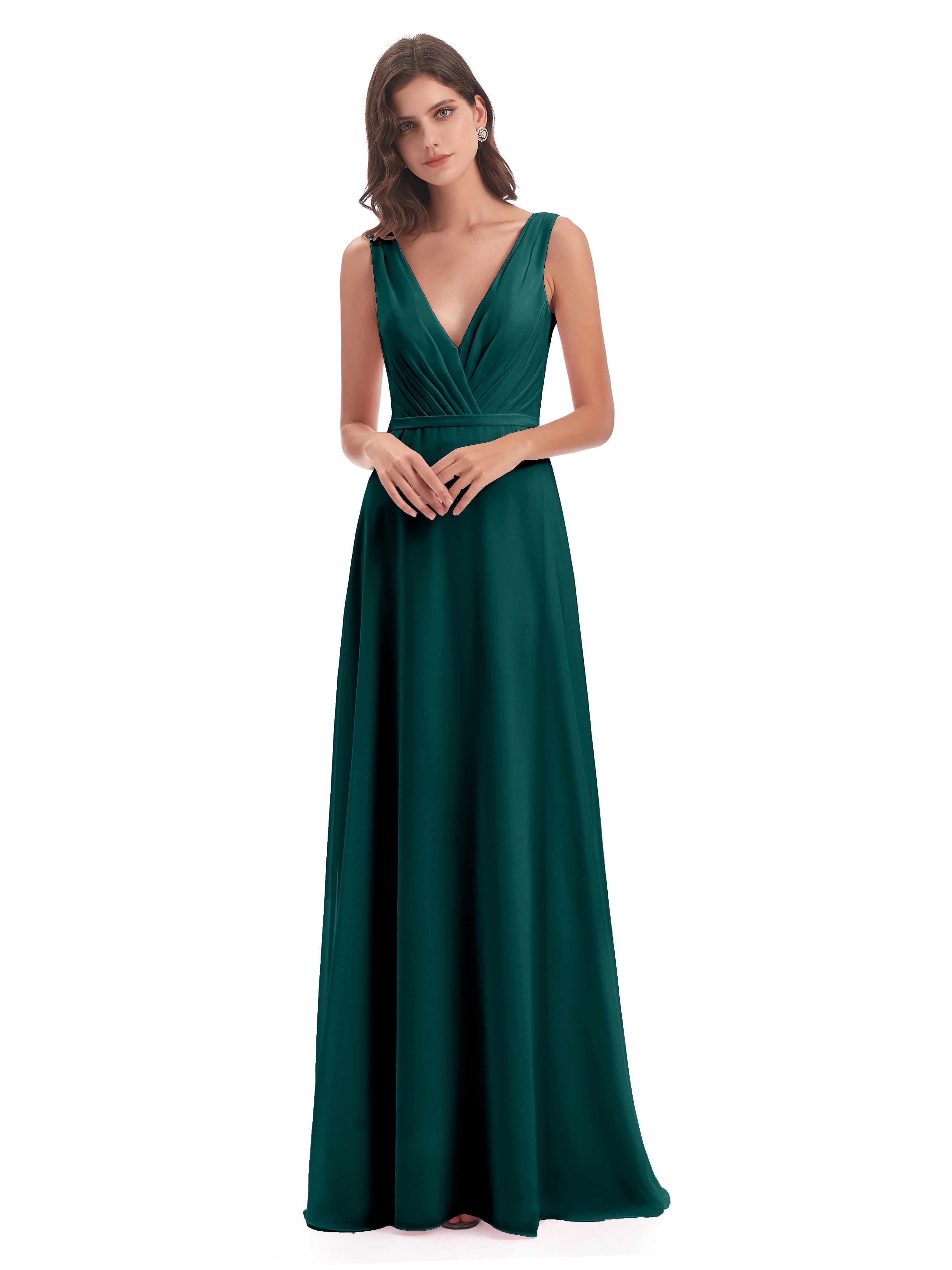 Robes De Demoiselle D'Honneur Bleu Paon Col V Mousseline Longue Robes Demoiselle D'Honneur